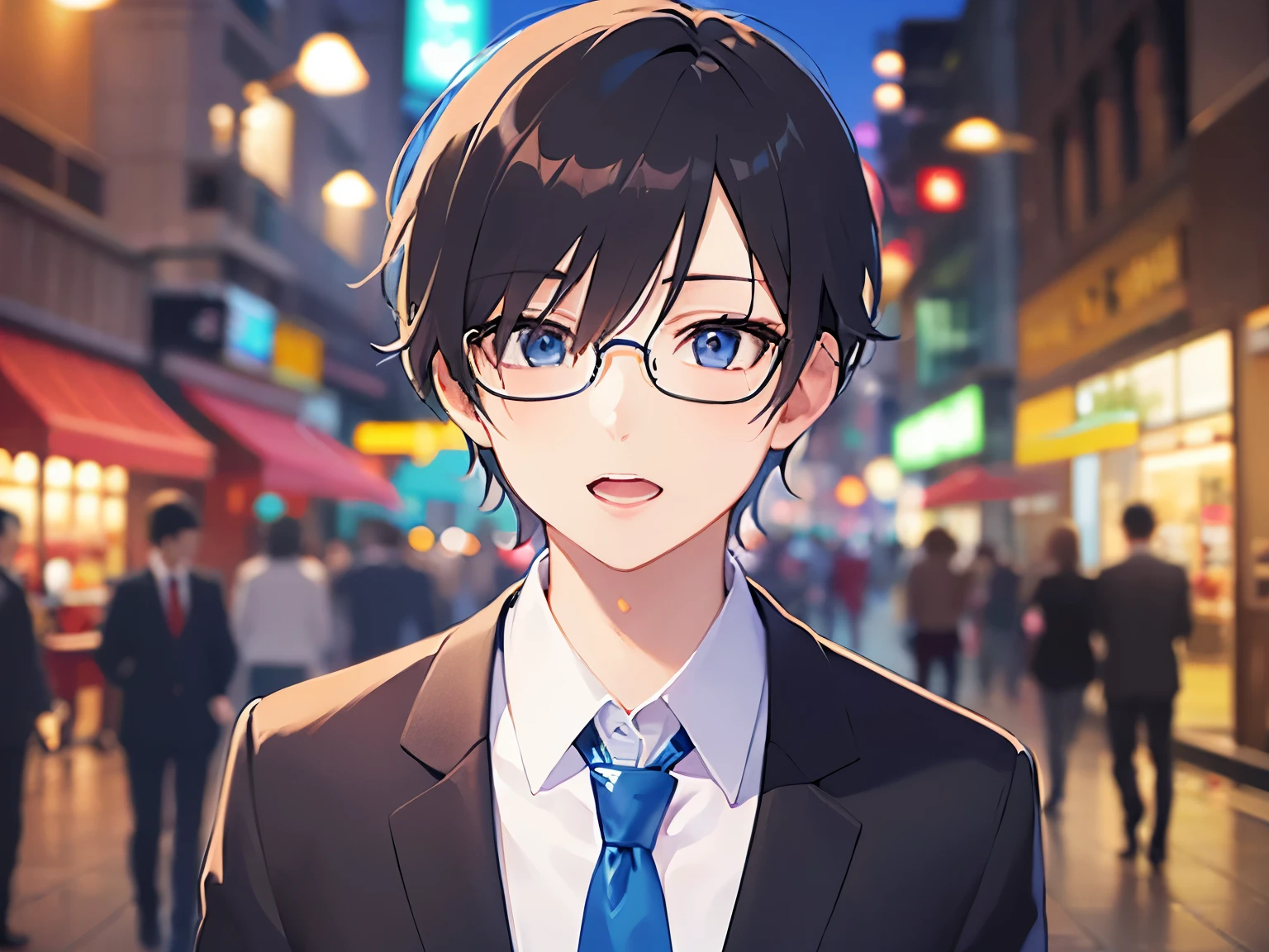 あなたの顔のアップ, 上半身が写っています、 plastic frame eyewear、傑作、最高品質、(25歳の男性:1.5) and (黒い短髪) and (hair over eyes:1.5) and (青い目), スーツを着ている、白いシャツを着ている、青いネクタイをしている、立っている、困惑した表情、open mouth, 背景は夜の商店街、(1人きり:1.5)