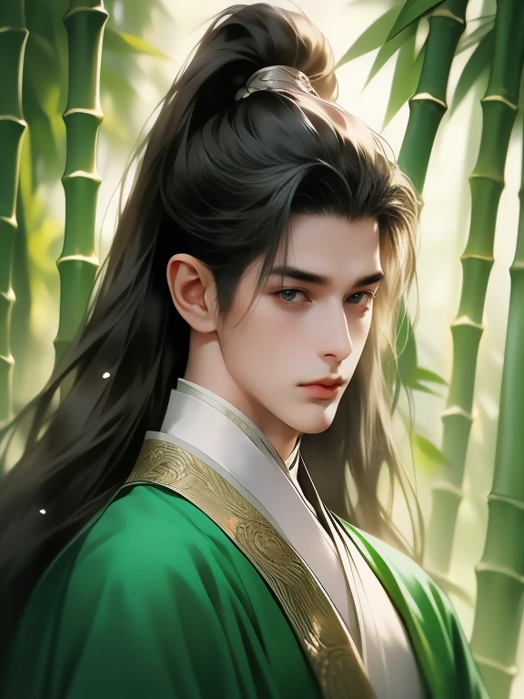 Best quality，tmasterpiece，16k,man in black，Pay attention to beautiful Chinese style clothes，natta，rays of moonlight，Asian architecture，Elaborate Eyes，Detailed faces，beautiful youth, a bright smile,All green clothing,(absurdres, highres, ultra detailed, HDR), masterpiece, best quality, (1 boy) , boy character ,((Thick ,black, long hair)),beautiful face,detailed interior, detailed character,((man)),(male in bamboo forest), black hair,he smile,1man,the house of ancient China, beautiful man with long black hair and black eyes,((solo man)),long hair,((he has a Big eyes, charming lips, slim nose and small face)),(A thin man wore a green Chinese robe and had his hair pulled back in a ponytail),(thin body),position,ponytied it with accessories,(Men with small, narrow shoulders),ponytied with accessories,one boy,eyes focus, beautiful eyes, Man ties his hair in a ponytail,green chinese dress,He holds a folding fan front face,sweet looking,sweet pretty face,slim body,