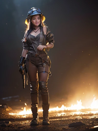 (gorgeous female dressed as miner:1.3), dirty skin, dirty clothes, smile, attractive, flirting, (((full body visible))), looking at viewer, portrait, photography, detailed skin, realistic, photo-realistic, 8k, highly detailed, full length frame, High detail RAW color art, piercing, diffused soft lighting, shallow depth of field, sharp focus, hyperrealism, cinematic lighting, (Masterpiece:1.3), (best quality:1.3),