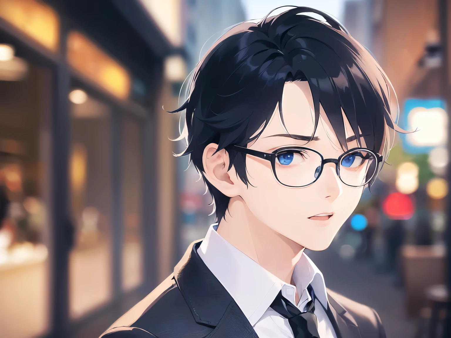 close up of your face, Upper body is shown、 plastic frame eyewear、masterpiece、highest quality、(25 year old male:1.5) and (black short hair) and (hair over eyes:1.5) and (blue eyes), wearing a suit、wearing a white shirt、Wearing a blue tie、Are standing、(confused look:1.3)、open mouth, The background is a shopping street at night、(Alone:1.5)