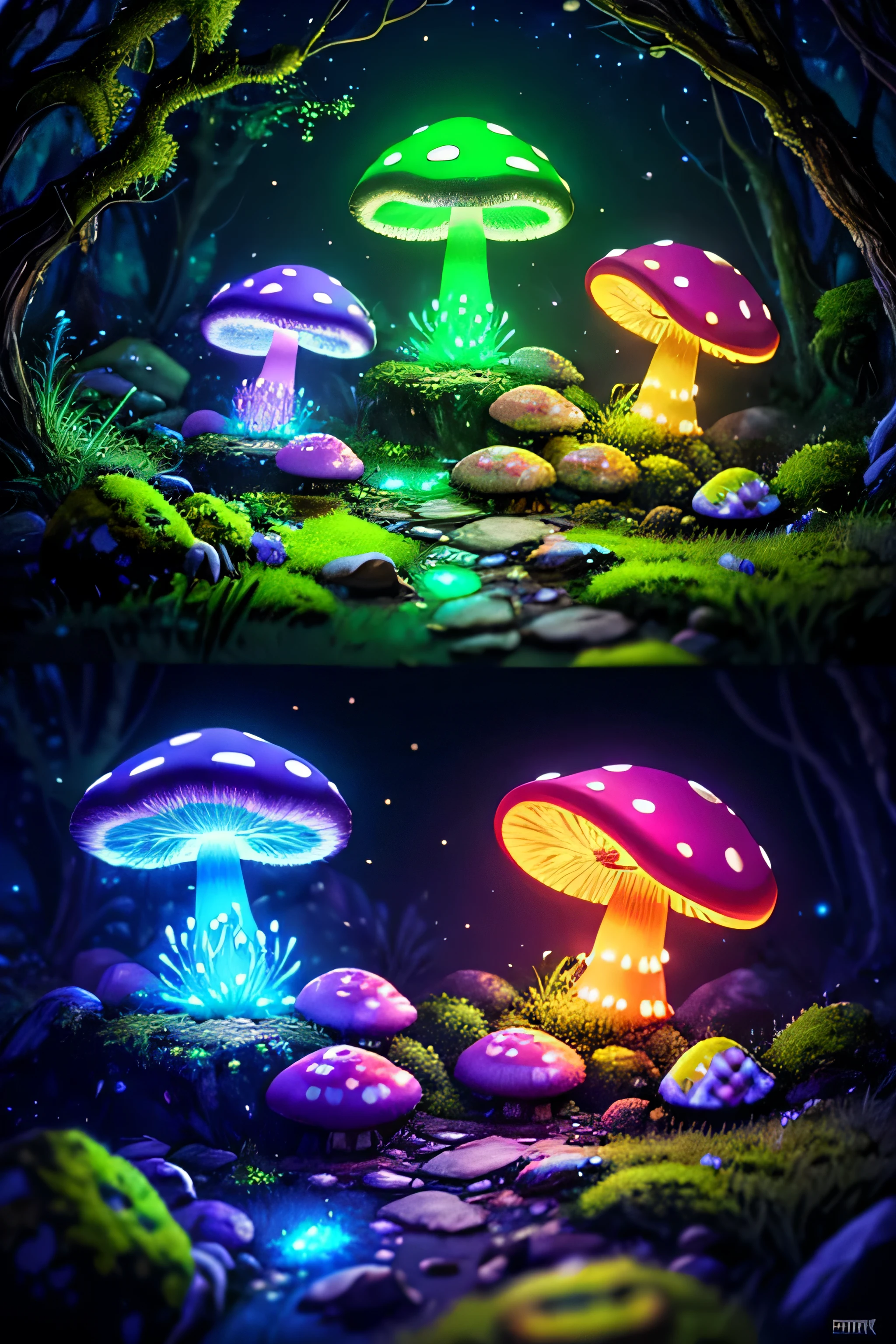 (very detailed:1.2),(highest quality:1.2),8K,sharp focus, (scattered below the surface:1.1)、forest path、 (Glowing magical bioluminescent mushrooms:1.2),psychedelic magic particles in the air, (neon bioluminescent mushroom forest at night:1.2), (magic firefly:1.2) (Very detailed trees、rocks and moss:1.2), (very detailed background:1.3), roleplaying game, Eldon Ring Style, (fantasy:1.3),(surreal:1.1), (((night))), movie lighting, very detailed, art station,Smooth, sharp focus, types of bacteria, Greg Rutkoski, edited pick, trending on art station, trending on deviantart, Please knock me out, (compared:0.4),