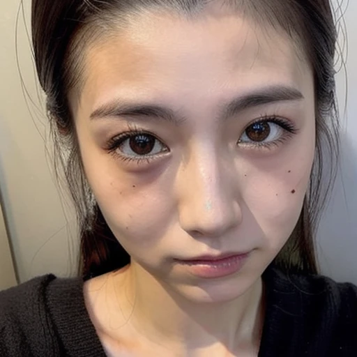 japanese woman、１８age、one&#39;s home、Selfie style、Upper body projection、Below average face、face with makeup、old face、Ugly、Ugly、dark look、Pitch black eyes、Rough skin