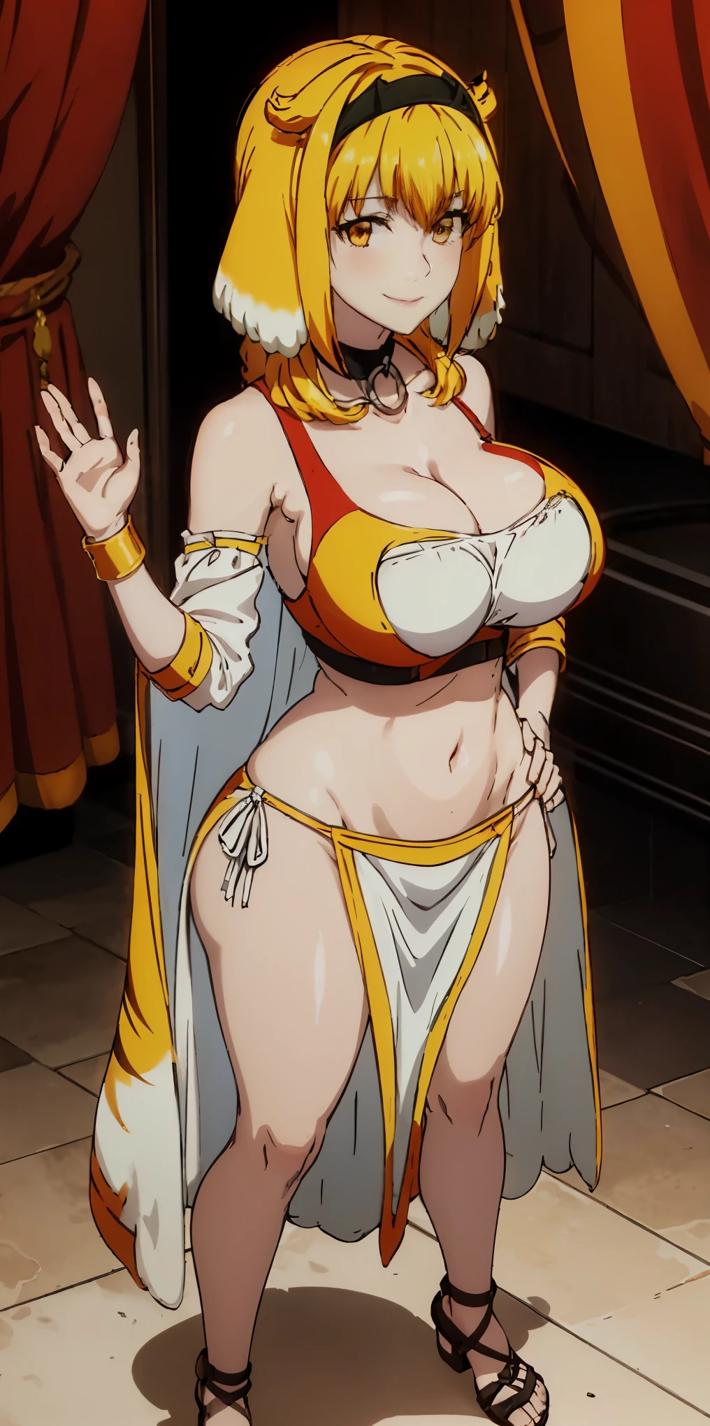Two long thighs, yellow eyes, blonde hair, short hair, large breasts, detached sleeves, very white background, royal tiara, long cape, yellow tiger bikini, high heels, hands on hips. red tattoo on belly navel, full body female MILF BIMBO, lustful smirking smile face (red blush), metal shoulders, golden bracers sleeveless, black choker sex slave