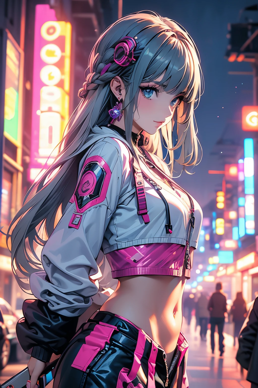 ultra quality,detailed, masterpiece, 16k, high resolution, beautiful, amazing, charming, elegant, stylish
BREAK
1 girl, 24 years old, Height is 164cm, ((Bust size is 88cm))
BREAK
(Long Hairstyle: 1.3), Beautiful and delicate flowing hair,(Delicate ,detailed ,(purple|Green|Blue|Pink|Red|yellow|Gray) eyes: 1.2), sparkling eyes, (glowing eyes), (magic eyes)
BREAK
(colorful loose hoodie:1.2), Futuristic outfit, cyber costume
BREAK
cyber punk, Vibrant, Futuristic, Neon lights, High-rise buildings, Holographic advertisements