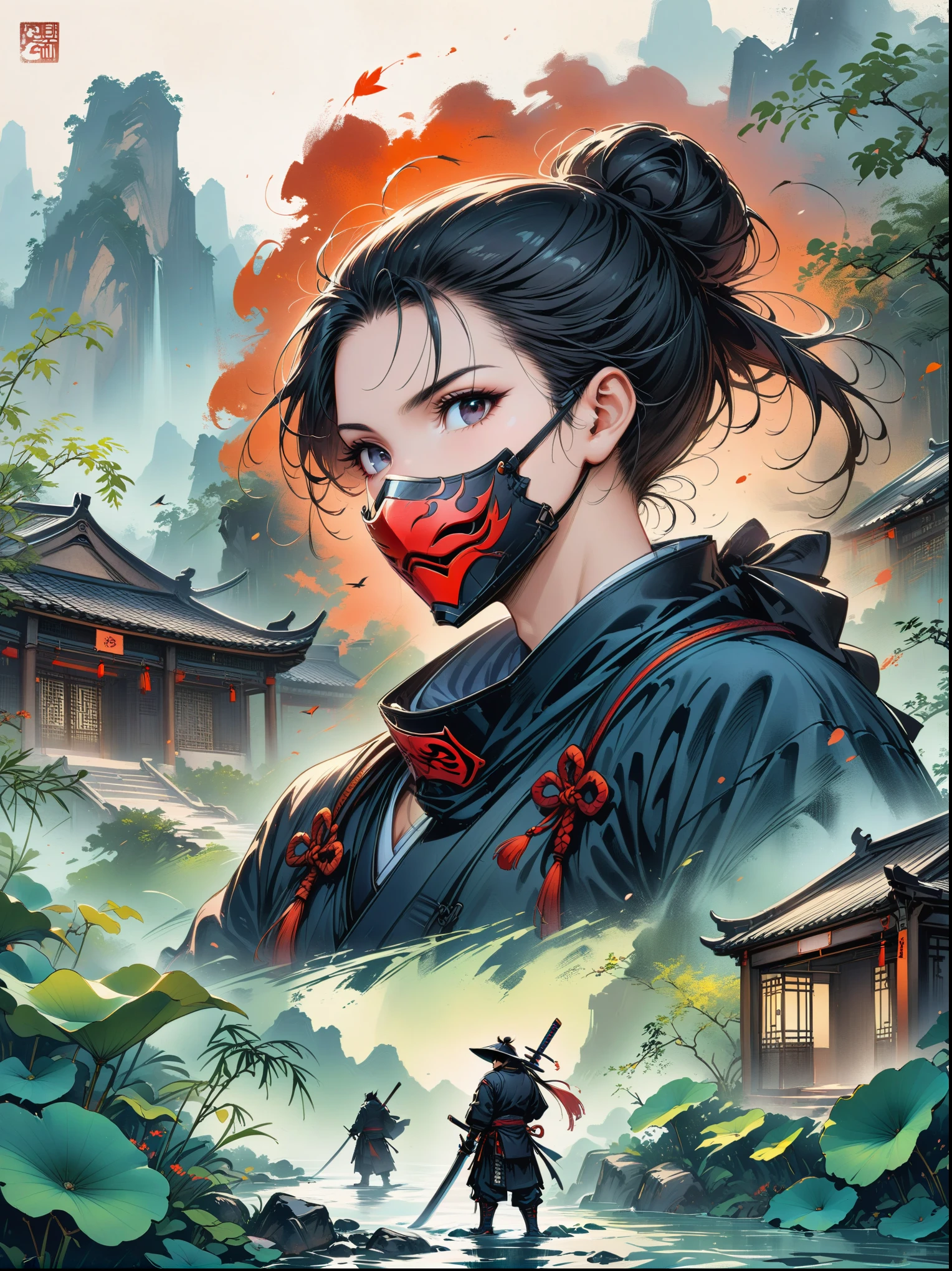 Scarlet concept art,Wearing a ninja costume with a black and red mask,Black hair combed into a bun,Bangs cover half of the face,The mask covers the mouth,Only the chin is covered,Wearing a black eye mask around the neck,portrait from waist up,stand on the wall,The back is a samurai sword,Artstation style numbers, dynamic poses,Chinese ink style,film lighting,(first-person view, masterpiece, ccurate, anatomically correct, high details, best quality, 8k)