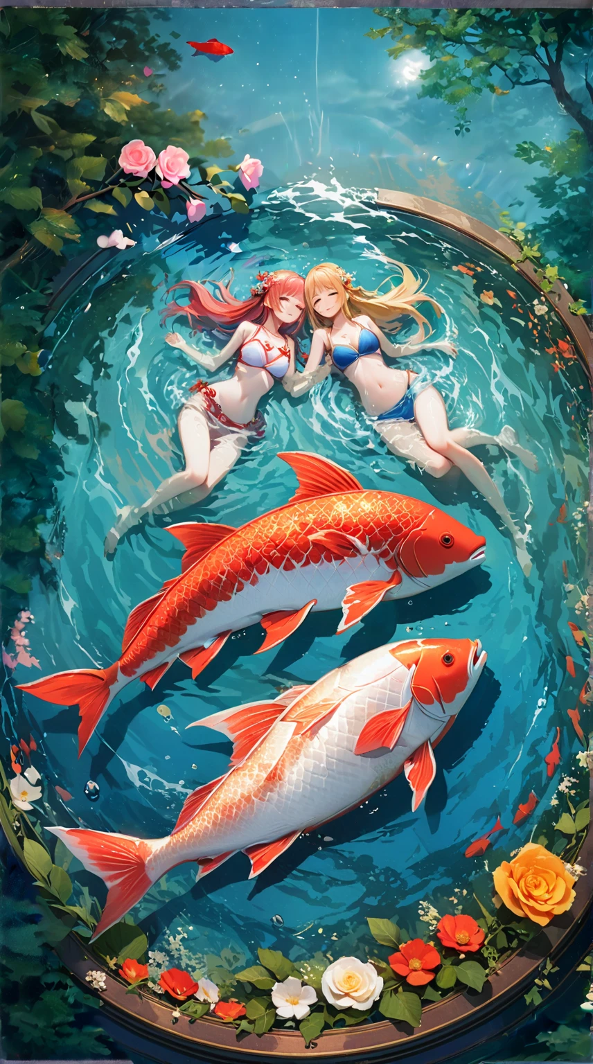 anime、Vibrant colors、In the water、Uplifting、Two beautiful women swimming in the ocean at 100km per hour、Two people facing each other、20 years old、Bright swimsuit、Bright eyes、Sparkling eyes、Large Breasts、An innocent smile、100 vibrant tropical fish、1000 glittering particles、100 butterflies swimming in the water