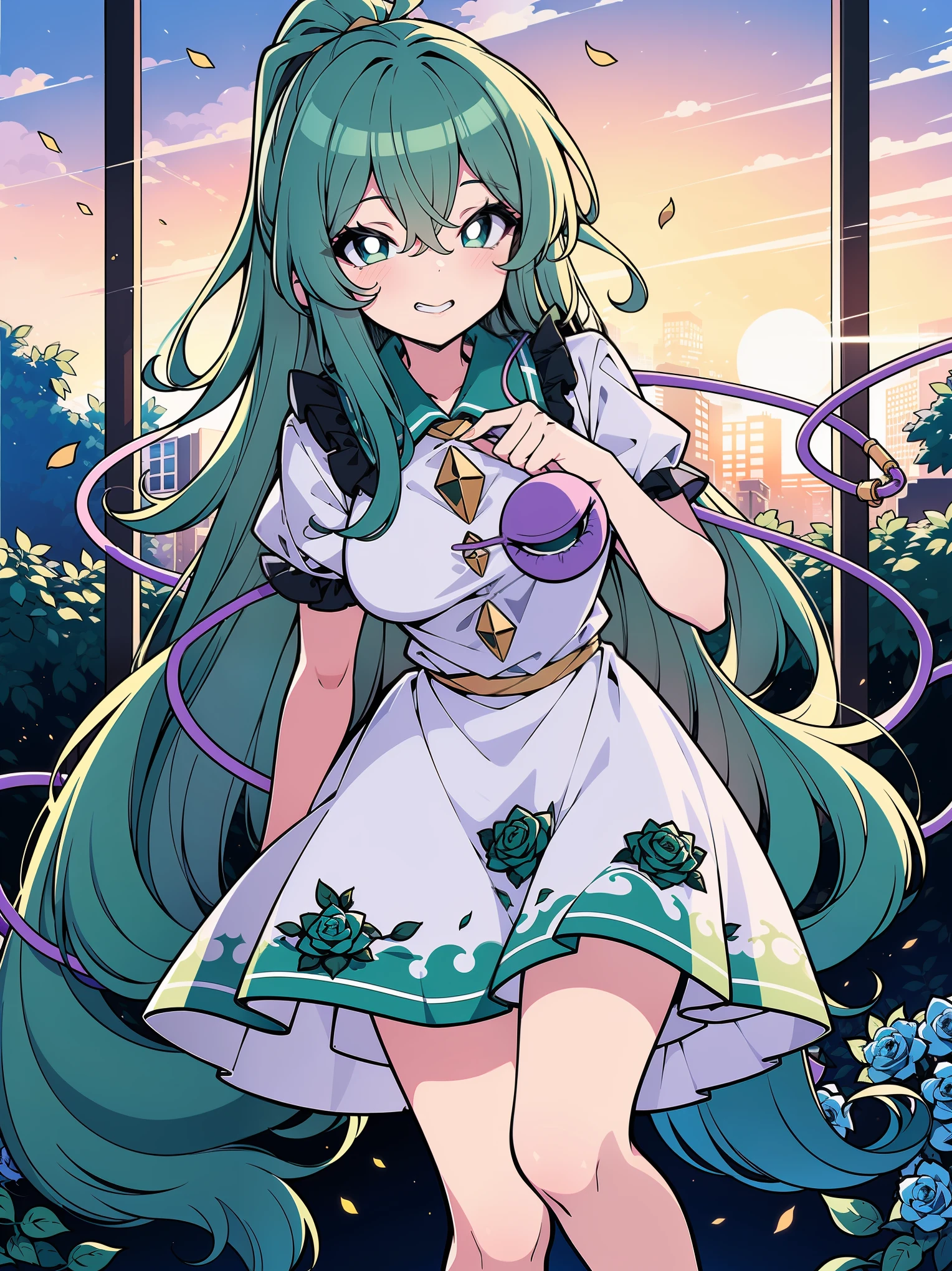 (colorful:1.1), glowing, (ultra-high resolution, depth of field:1.2), looking at viewer, (komeiji koishi:1.1), (1woman), adult, Touhou project, (medium breasts), (dark green eyes), white pupils, glowing eyes, green hair, wavy hair, (long hair), ponytail, (wearing a white summer dress:1.2). A closed blue-purplish "third eye" is positioned over her heart, with cords wrapped around her torso and attached to each of her ankles, (blue roses in the background), garden scenery, (sunset), grinning, (squinting eyes)