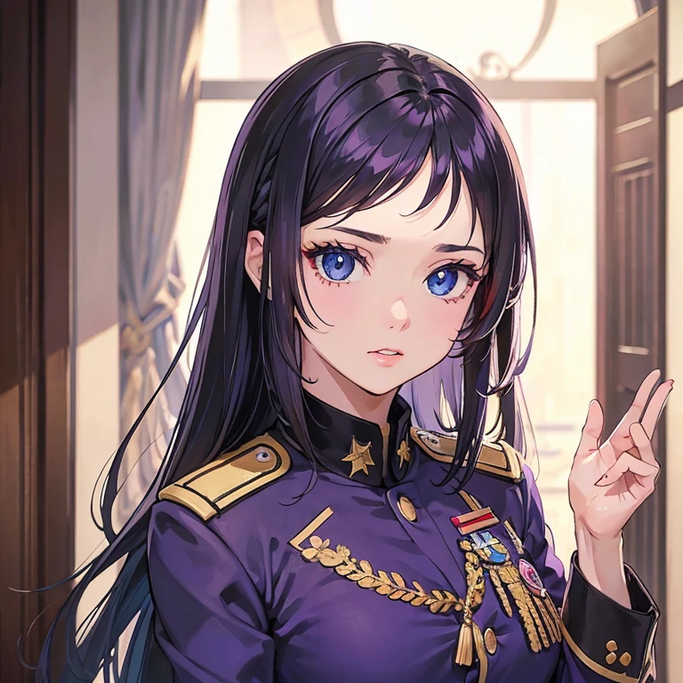 Uma linda em 2d, ela tem o cabelo branco, she has heterochromia and her left eye is red and her right eye is blue, her military uniform is purple 