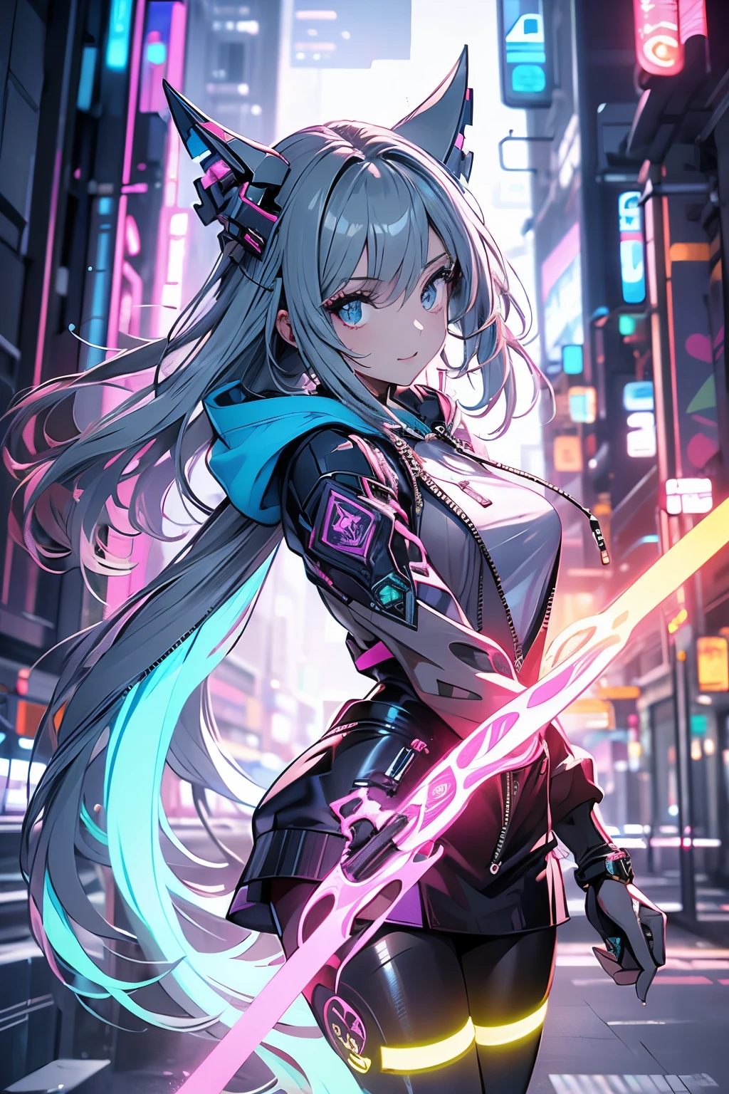 **269. One person。protector of the digital world。cyber punkな都市を守る。Cowboy shot or close-up。
masterpiece, best quality, ultra detailed (Detailed fingers), (Emotional), (Breathtakingly beautiful),
(main part: 1.2 Whole body。), (Anime Style), (Very detailed), (cyber punk),
(超High resolution, High resolution), (8k), (High resolution: 1.2), (Complex and beautiful: 1.2)**
- background: ネオンが輝くcyber punkな都市、futuristic scenery with holographic advertisements。
- Guardian: Young woman, around 18 years old、clad in digital armor、wielding a cyber sword。
-pose: Hovering above the city、the moment he stands ready to face the enemy with his cyber sword。
-expression: with a face full of strength and determination、a sense of determination to protect the city。
- Effects: digital energy emanating from the cyber sword and、effects of intersecting holographic lights。
-color: Neon blue and purple、color schemes symbolizing the atmosphere of a futuristic city。