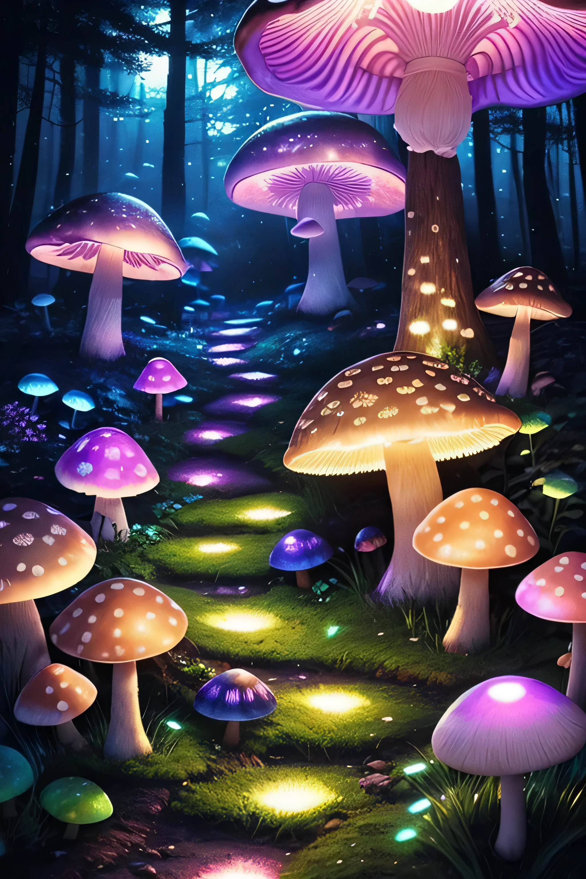 very detailedネオンアート, mushroom forest, glowing mushroom、、forest path、Black Light Tapestry, Amazing photo, realistic, art station, soft pastel colors, very detailed, Complex, path tracing, shape, very detailed, Shadow Mapping Volumetric Light, specular lighting