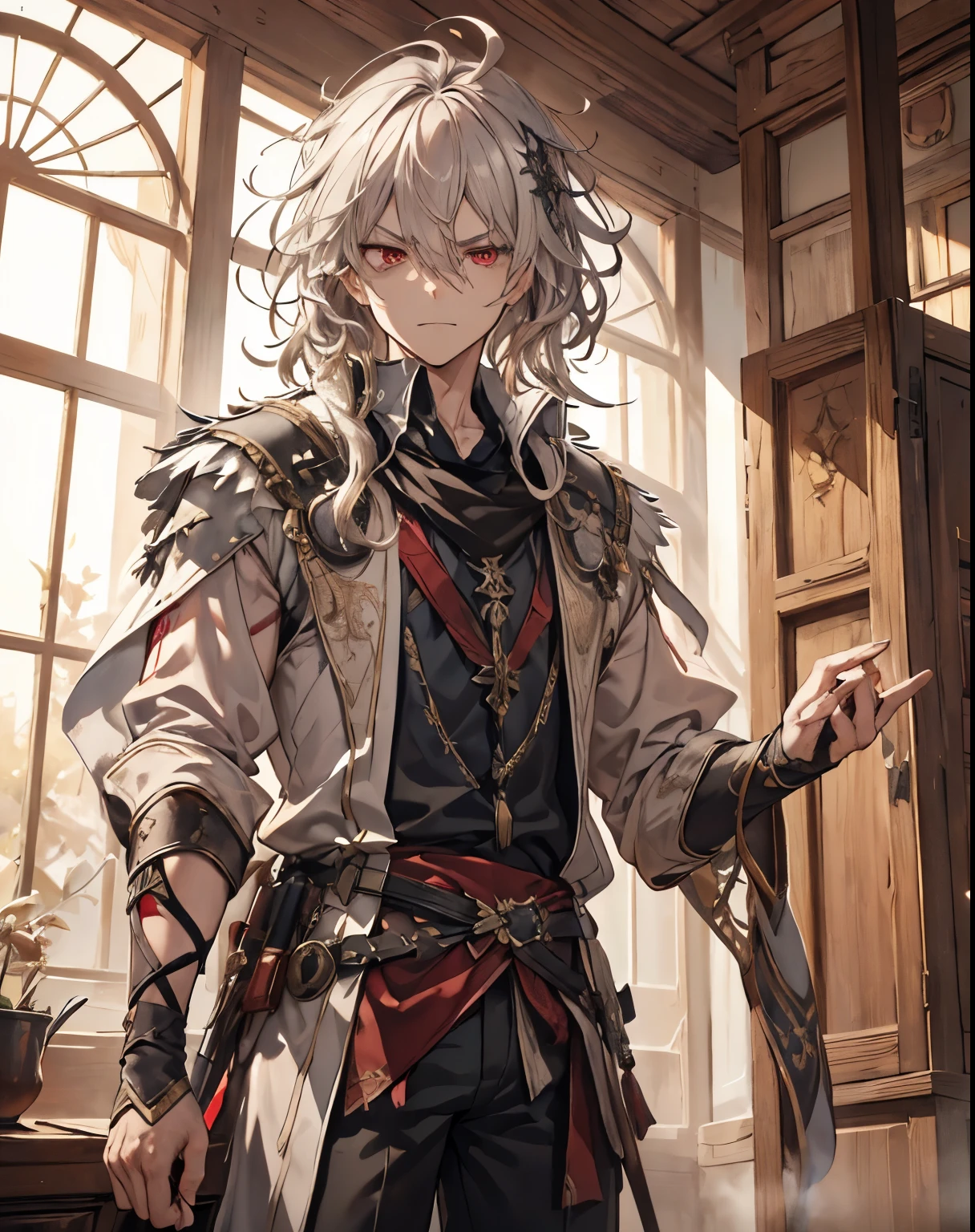 masterpiece, 1men, sparrow, a silver haired men, wearing a european medival noble clothes, curly medium hair, messy hair, slim body, wearing noble clothes, he close her left eye, shirt ornament, angry expression, red eyes, stand at forest, ahoge,