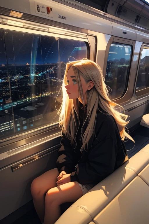 train,  sitting by the window,  pose pensives, Look at the stars, Head glued to the glass, Landscape passing by at high speed, voyage de nuit, beautiful starry sky, Une belle fille avec, UHD Portrait, (High quality) (ultra details) Regarder le spectateur en tenue de ville de style hip-hop; different, colourfull, Colorful long hair 🌈
