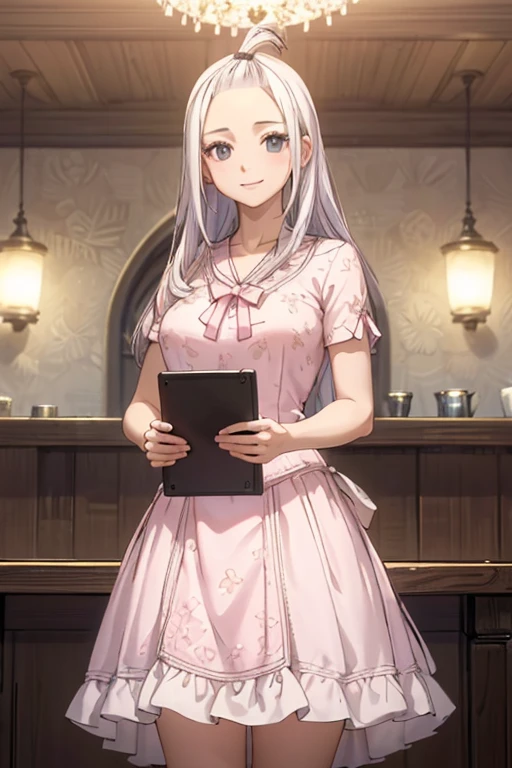 ultra realistic 8k cg, masterpiece, ((ultra detailed background, delicate pattern, intricate detail)), (highly detailed, fine details), best quality, 1girl, (photorealistic:1.4),beautiful lighting, absurdres, RAW photo, film grain, Mirajane Strauss with a beautiful smile wearing a white t-shirt and a long pink flowered skirt