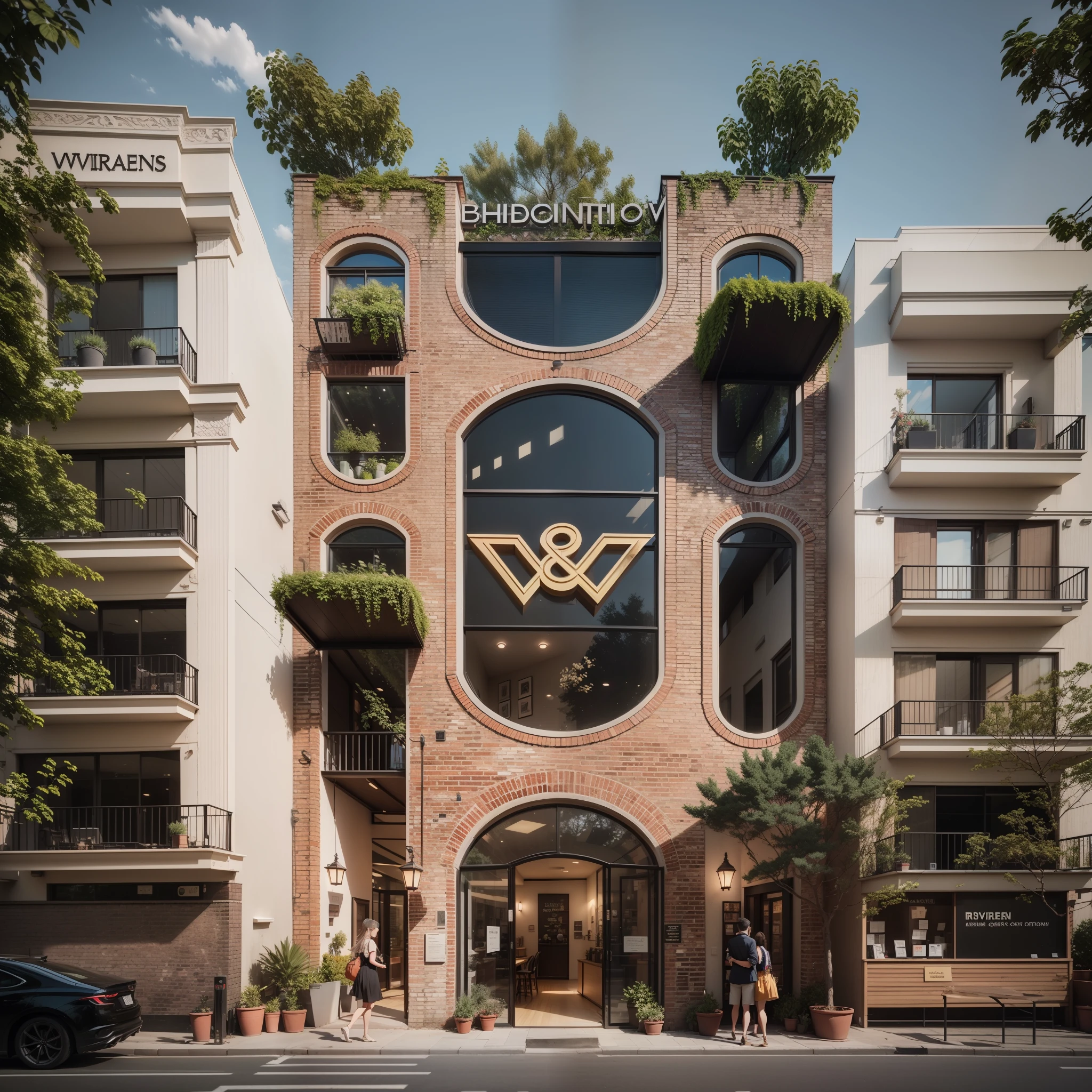 there is a building is coffeeshop with a logo on the front of it, inter dimensional villa, wide angle exterior 2022, wit studio, vue render, architectural visualization, building facing, exterior design, architectural rendering, modern lush condo as shopfront, vue 3d render, the letter w, exterior view, mix with rivendell architecture, high quality render