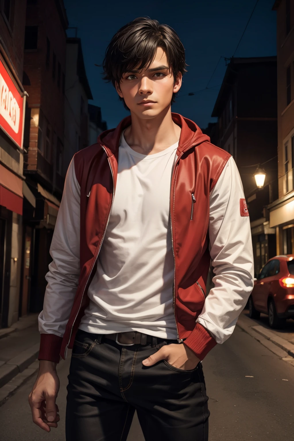 1man, layered medium black hair, black eyes, wearing opened red zip-up hoodie, wearing plain white shirt, black jeans, annoyed face, night small town street, high res, ultrasharp, 8K, masterpiece, looking at viewer