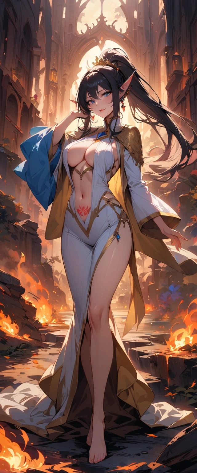 top quality, masterpiece, ultra high definition, Beautiful priestess, Hand waving red fan, fan on fire, Belly button tattoo，blue eyes, looking at the audience, lol，long hair, lips, elf ears, White clothes are very transparent, breasts and can be seen，Golden cape，feather，hair accessories，earrings, Slim, ponytail，barefoot，outdoor，Burning battlefield background