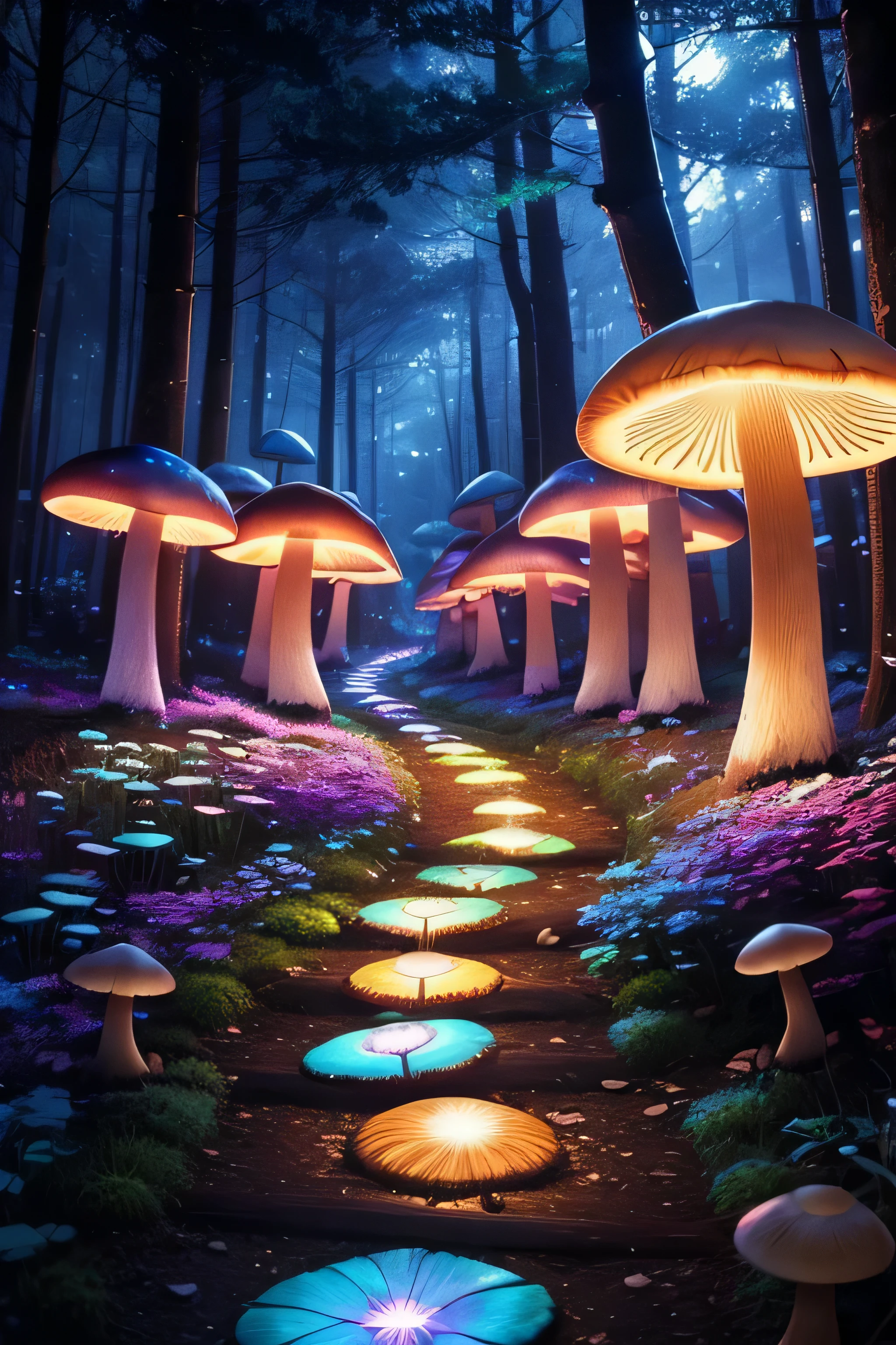 very detailedネオンアート, mushroom forest, glowing mushroom、、forest path、Black Light Tapestry, Amazing photo, realistic, art station, soft pastel colors, very detailed, Complex, path tracing, shape, very detailed, Shadow Mapping Volumetric Light, specular lighting