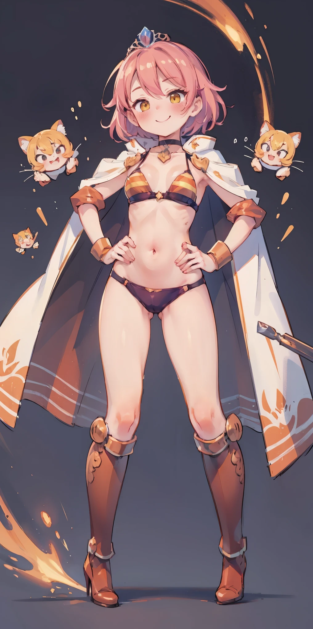 Two long thighs, yellow eyes, blonde hair, short hair, large breasts, detached sleeves, very white background, royal tiara, long cape, yellow tiger bikini, high heels, hands on hips. red tattoo on belly navel, full body female MILF BIMBO, lustful smirking smile face (red blush), metal shoulders, golden bracers sleeveless, black choker sex slave