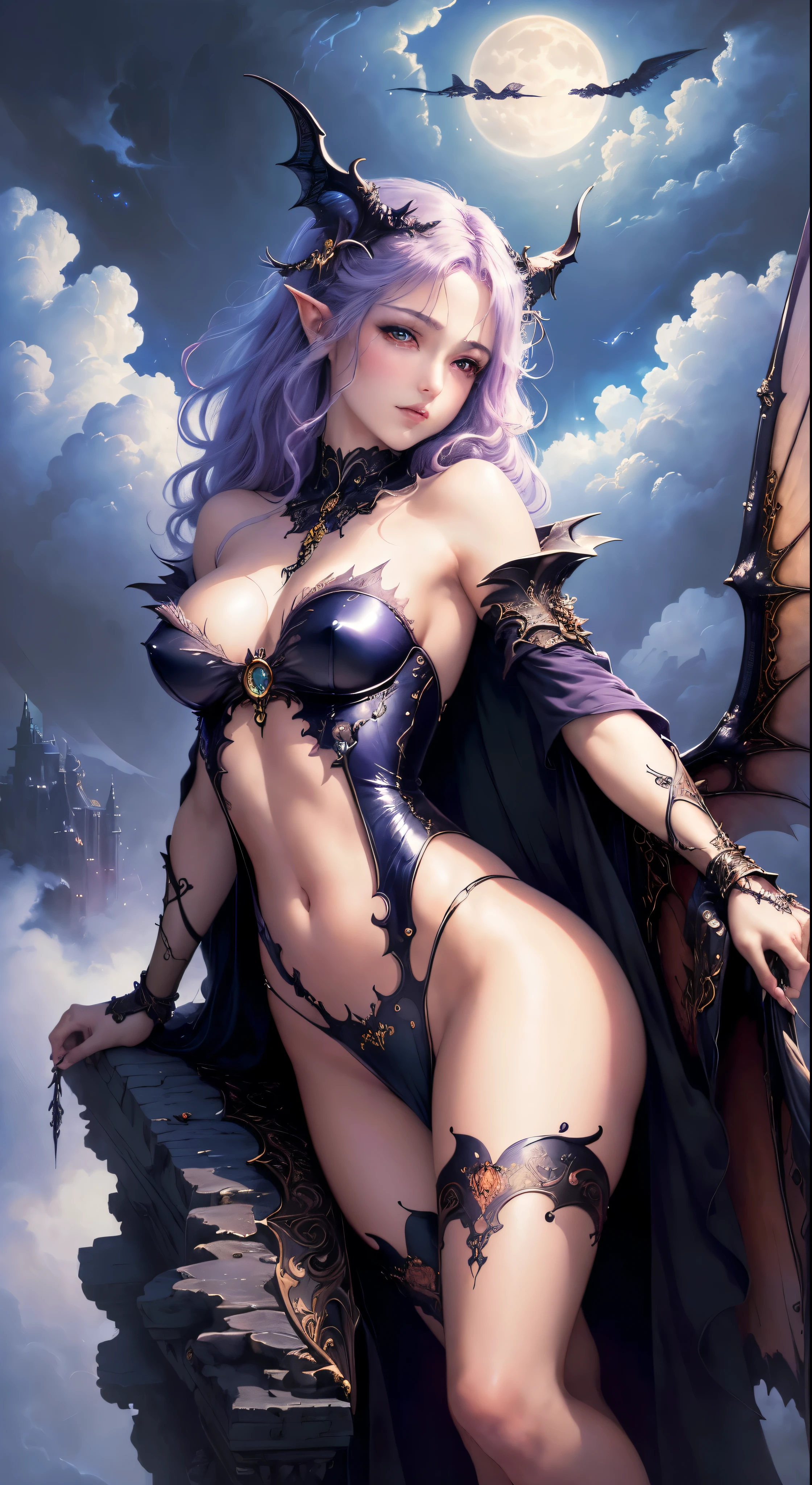 ((highest quality)), ((masterpiece)), (be familiar with), charming succubus, mysterious beauty, perched above the clouds, (fantasy illustration:1.3), captivating gaze, seductive pose, delicate wings, Otherworldly charm, mysterious sky, (Luis Royo:1.2), (Yoshitaka Amano:1.1), Moonlight night, soft colors, (be familiar with cloudscape:1.3), (High resolution:1.2)