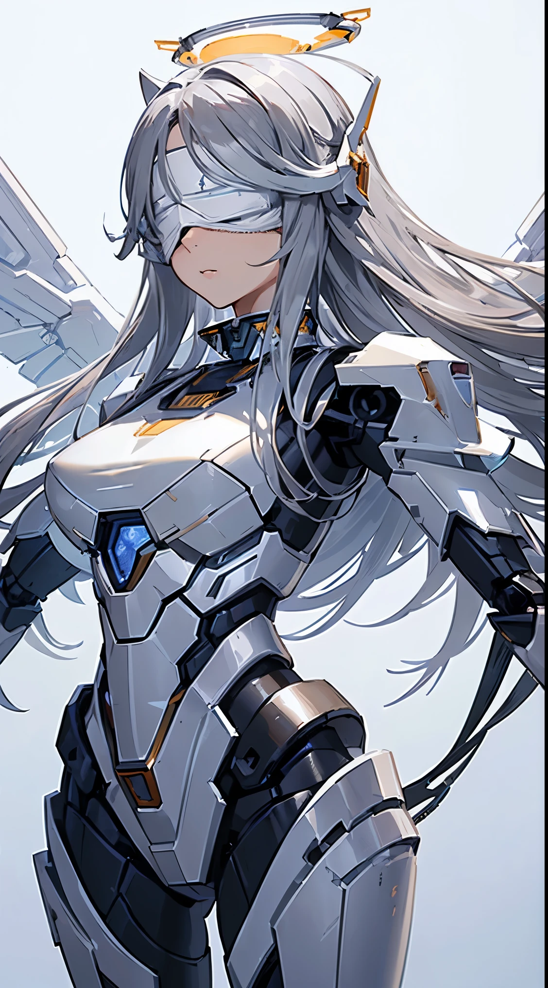 ((8K)), ((32k)), ((highest quality)), ((masterpiece)), ((超A high resolution)), ((T Masterpiece)), ((halo:1.3))、fine skin texture, fine cloth texture, fine metal texture、((beautiful and detailed face))、Raw photo、Professional, Ultra-fine painting, ((solo)), beautiful breasts、highest quality, Super detailed, Super detailed詳細, small details, very beautiful, Princess Knight Robot, (Joint of the machine, mechanical limbs:1.3), (The internal structure of the machine is exposed:1.3), (red long hair 1.1), (Beautiful and huge mechanical breasts)、white veil, cowboy_shot, side focus, headgear, shiny, ((Silver metal machine blindfold:1.8))、 (five fingers, 4 fingers and 1 thumb),concept art, anime fantasy artwork, detailed fantasy art, (with pale blue-violet hair and large white wings,,), (((long hair))), (Mecha:1.6)Sleek and menacing design, ((Armament of the Supreme Commander-in-Chief)), (perfect robot body)、Pure white and blue-purple armor, symmetrical wings, 8K high quality detailed art, 3D rendering of character art in 8K, clear legs, defined, defined fingers, NSFW、((head shot:1.3))