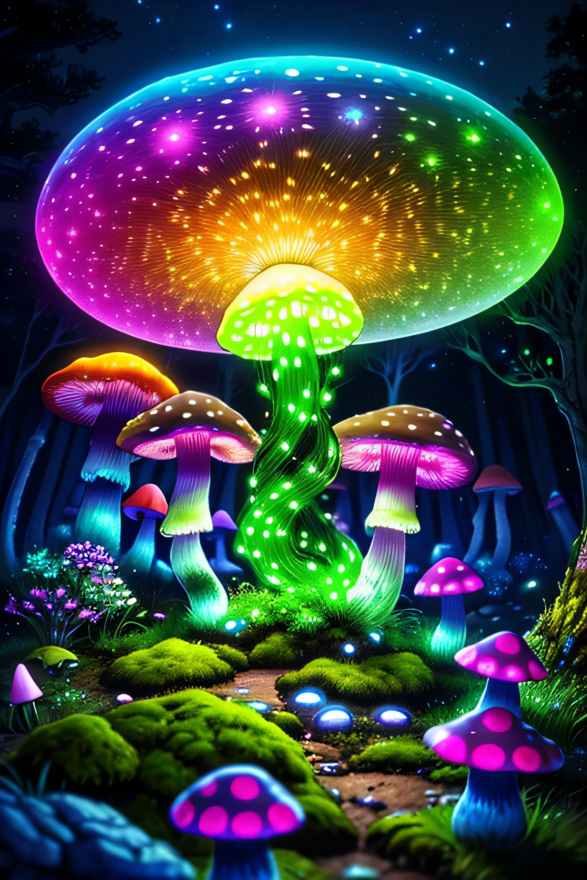 (very detailed:1.2),(highest quality:1.2),8K,sharp focus, (Scattered under the surface:1.1)、forest road、 (Glowing magical bioluminescent mushrooms:1.2),psychedelic magic particles in the air, (neon bioluminescent mushroom forest at night:1.2), (magic firefly:1.2) (Very detailed trees、rocks and moss:1.2), (very detailed background:1.3), roleplaying game, Eldon Ring Style, (fantasy:1.3),(surreal:1.1), (((night))), movie lighting, very detailed, art station,Smooth, sharp focus, types of bacteria, Greg Rutkoski, edited pick, trending on art station, trending on deviantart, Knock me out, (compared:0.4),