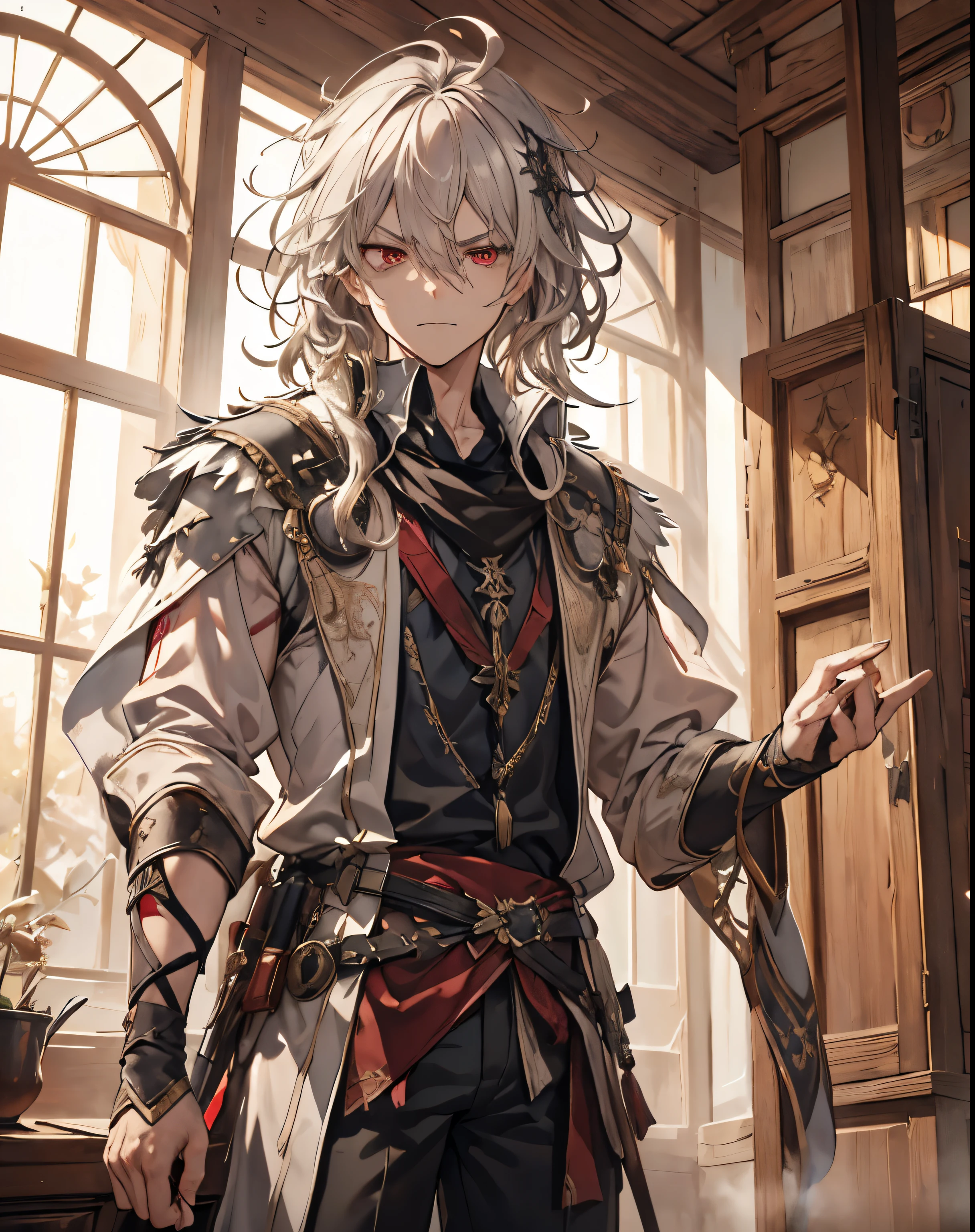 masterpiece, 1men, sparrow, a silver haired men, wearing a european medival noble clothes, curly medium hair, messy hair, slim body, wearing noble clothes, he close her left eye, shirt ornament, angry expression, red eyes, stand at forest, ahoge,
