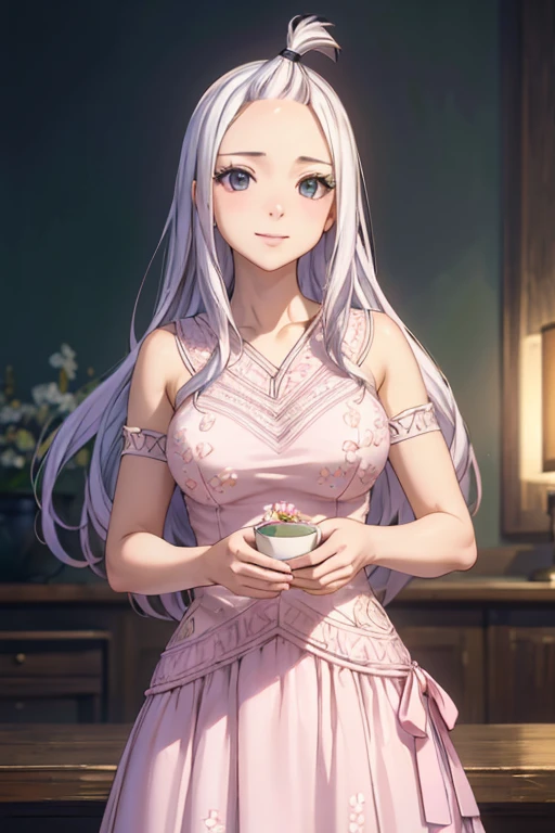 ultra realistic 8k cg, masterpiece, ((ultra detailed background, delicate pattern, intricate detail)), (highly detailed, fine details), best quality, 1girl, (photorealistic:1.4),beautiful lighting, absurdres, RAW photo, film grain, Mirajane Strauss with a beautiful smile wearing a white t-shirt and a long pink flowered skirt