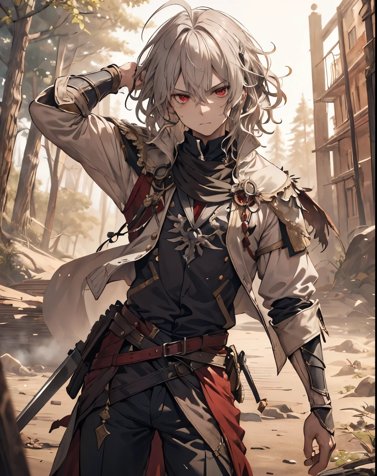 masterpiece, 1men, sparrow, a silver  haired men, wearing a european medieval noble clothes, curly medium hair, messy hair, slim body, wearing noble clothes, he close her left eye, shirt ornament, angry expression, red eyes, stand at forest, ahoge,