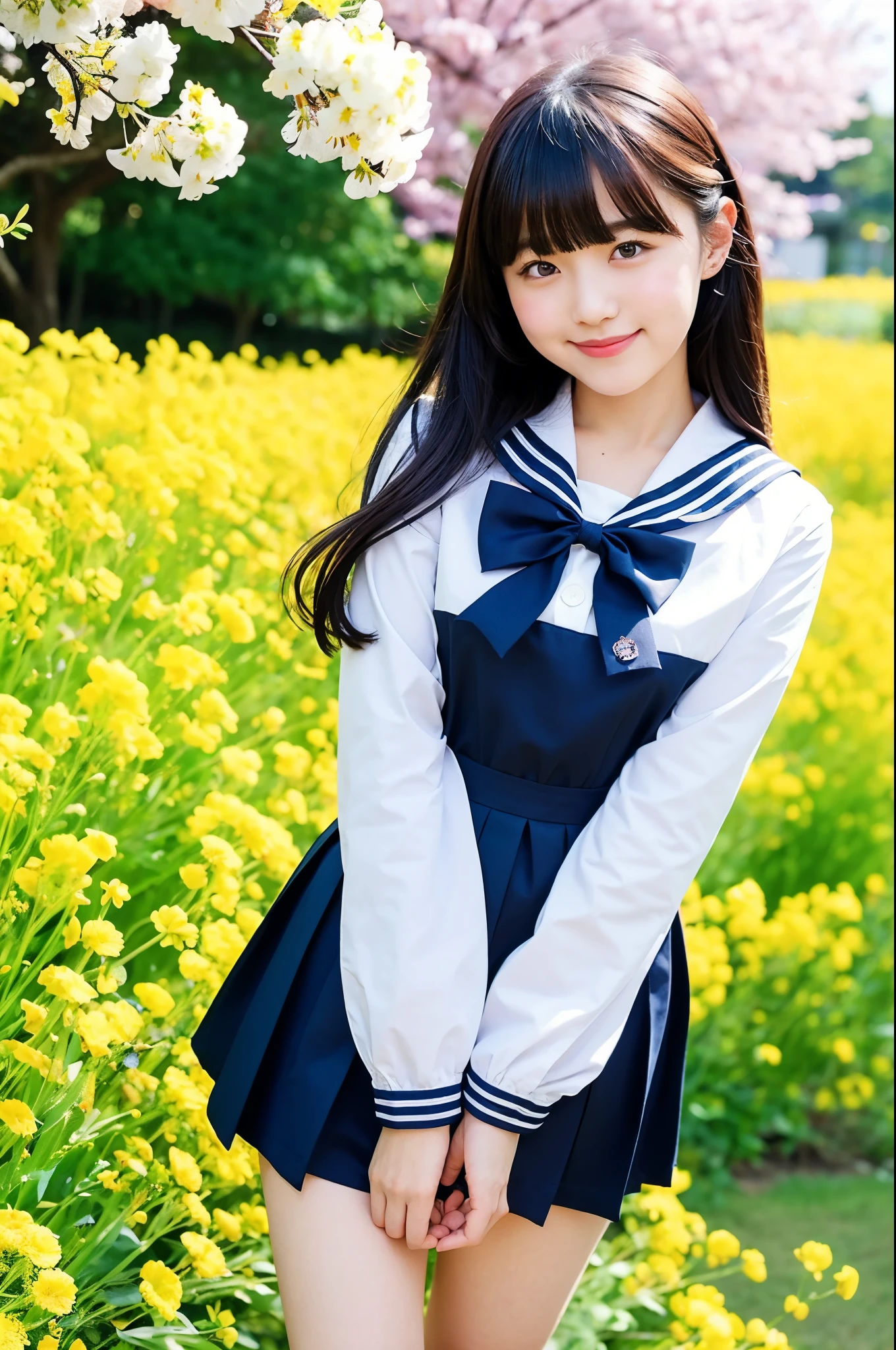 最high quality、high quality、Best image quality、small size sailor suit、Tight sailor suit、The sailor uniform is wet and sticks to my chest、(Large Breasts),Summer clothes、pleated mini skirt、Twin tails、smile、,最High resolution、High resolution、最high quality、masterpiece、RAW Photos、whole body写真、Detailed and realistic human body、Detailed and realistic skin、Realistic face in every detail、Detailed and realistic eyes、Detailed and realistic lips、Detailed and realistic teeth、Detailed and realistic ears、Detailed and realistic hair、Detailed and realistic weapons、Realistic reproduction of every detail、Realistic fingers in every detail、(Beautiful Hands、thumb1reference4)、Realistic feet down to the last detail、((Beautiful Japanese Woman))、(Japanese Model)、((21 year old beautiful woman))、(Black Hair)、(Straight hair)、((whole body))、(Slim and perfect figure)、(whole body光沢肌、Fair skin)、Detailed and realistic human body、Detailed and realistic skin、Realistic face in every detail、Detailed and realistic weapons、Realistic fingers in every detail、Detailed realistic feet、Soft natural light、Japanese garden、A 360-degree view of hydrangea fields、((Standing in the middle of a hydrangea field(A girl surrounded by hydrangeas 360 degrees))、Poses to make your thighs look beautiful
