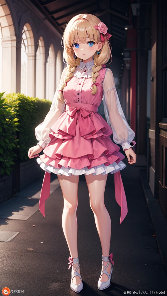 actual, girl in a pink skirt standing in front of a flower garden, Ladies, In-game graphics, Feminine girly dress, frilly clothing, full body pictures, wearing a pink skirt, multi-layer clothing, full body female, pink skirt, fantasy costumes, pastel pink skin tone,  wearing clothes, pink skin, pink clothes, braids hair, blonde hair, blue eyes, glowing eyes