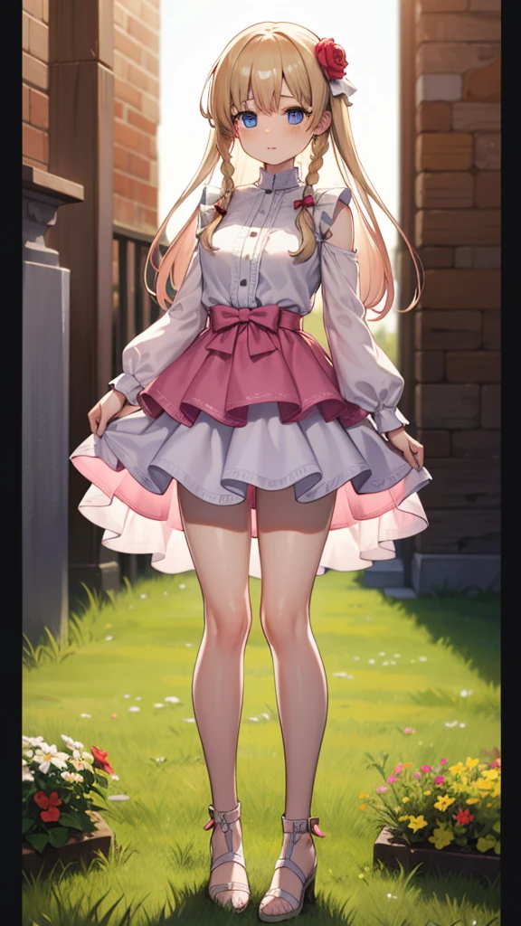 actual, girl in a pink skirt standing in front of a flower garden, Ladies, In-game graphics, Feminine girly dress, frilly clothing, full body pictures, wearing a pink skirt, multi-layer clothing, full body female, pink skirt, fantasy costumes, pastel pink skin tone,  wearing clothes, pink skin, pink clothes, braids hair, blonde hair, blue eyes, glowing eyes