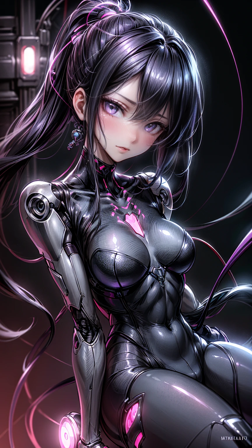 ((gloomy biopunk atmosphere)), (beautiful anime biopunk girl), (dark gray skin), lamp glowing eyes, very long brown hair, wet skin, open belly, short clothing, steel dots in skin, cold lighting, (scorn videogame style), horror atmosphere, presence of something terrible, biopunk background, background by Hans Giger, perfect anatomy, masterpiece