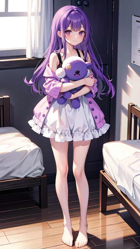 whole body,full body,Standing picture,standing position,Photographed from the front,from front,Girl holding a stuffed toy,purple hair,one piece,Room wear,cute,smile