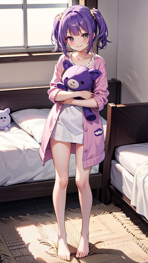 whole body,full body,Standing picture,standing position,Photographed from the front,from front,Girl holding a stuffed toy,purple hair,one piece,Room wear,cute,smile