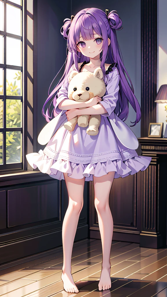 whole body,full body,Standing picture,standing position,Photographed from the front,from front,Girl holding a stuffed toy,purple hair,one piece,Room wear,cute,smile