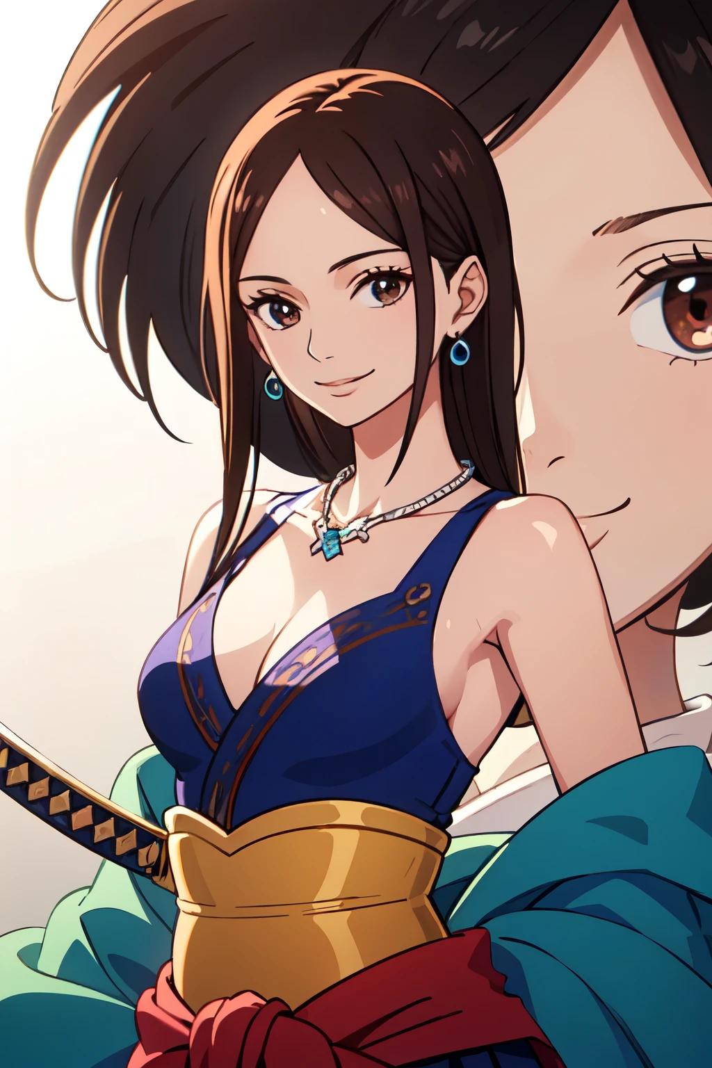 ((best quality)), ((masterpiece)), (detailed), perfect face, woman with dark brown hair, shoulder length hair, dark brown eyes harmless face, blue clothes, silver necklace, smiling, beautiful expression, happy, with a katana with a purple sheath on his waist, at Thousand Sunny, one piece style