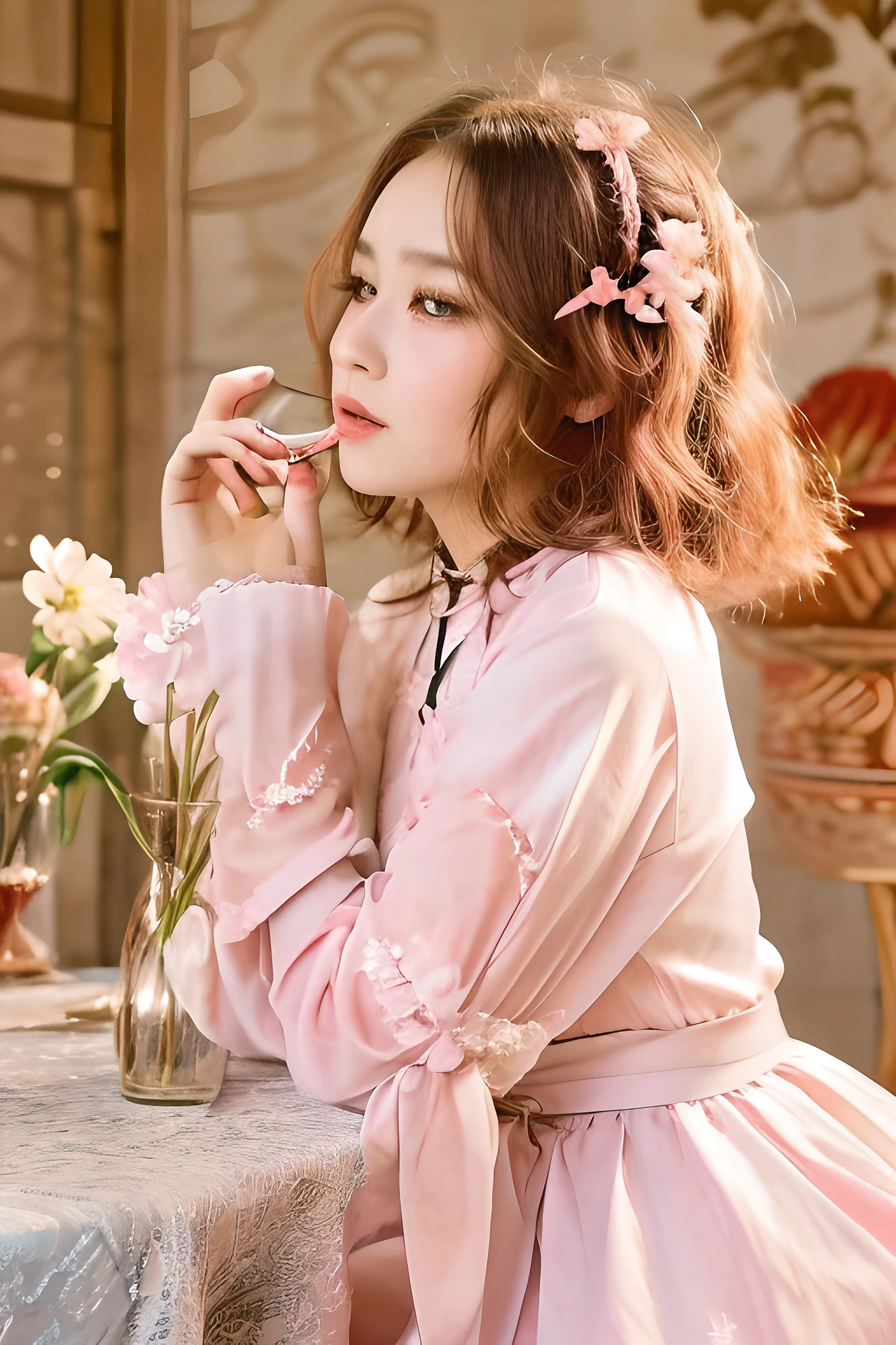 there is a woman sitting at a table with a flower in her hand, palace ， a girl in hanfu, with soft pink colors, dreamy style, cute elegant pose, dreamy and ethereal, in romantic style, ethereal beauty, frilled blooming collar, sha xi, pink hair covered with hairpins, xintong chen, ethereal fairytale, hanfu, pink pastel
