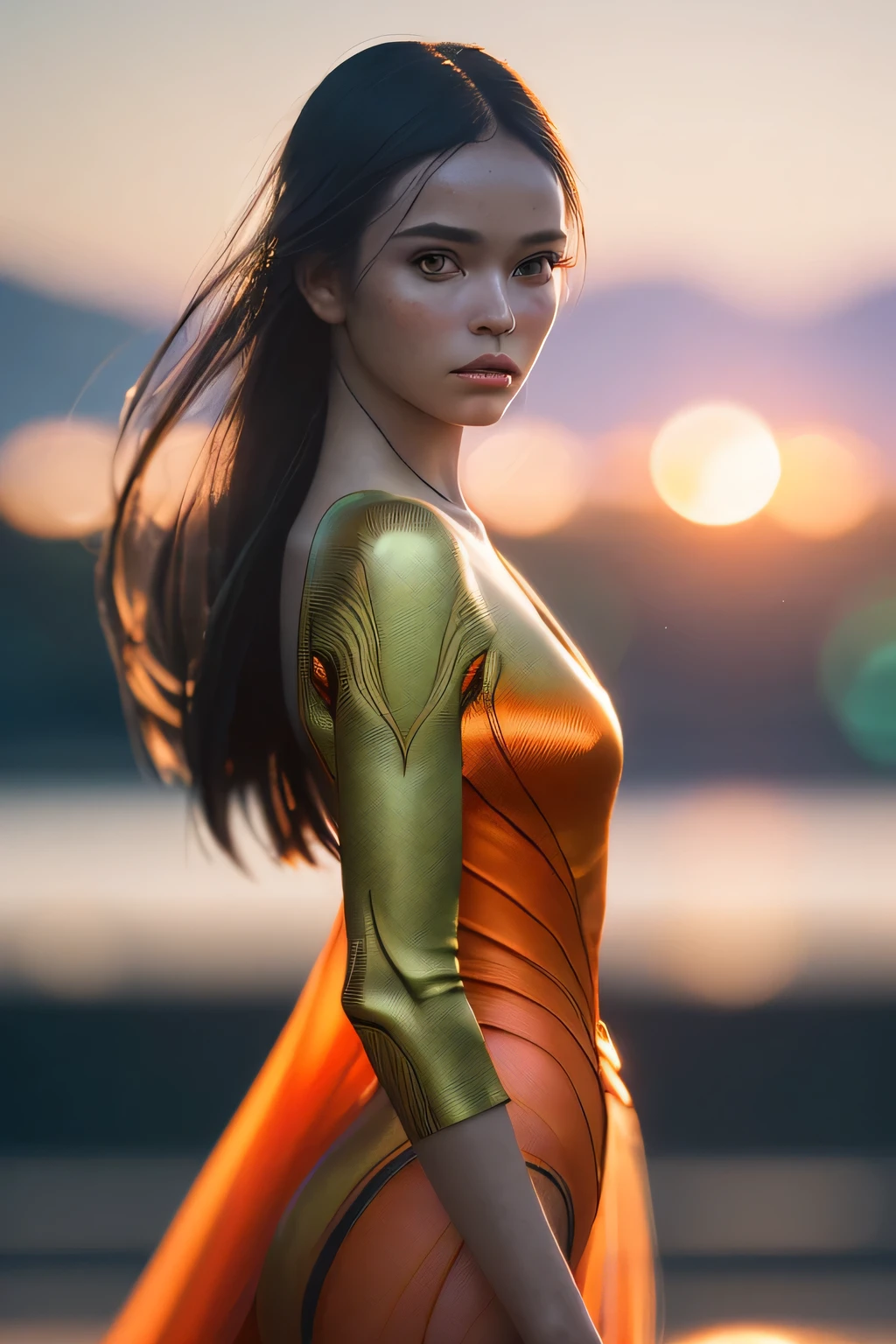 (masterpiece), (very complicated:1.3), (realistic), girl portrait, the most beautiful in the world, insect-like wings, scale powder reflection, fashion model posing, middle long shot, outdoor, intense sunlight, distant shore, Stunning female professional photo details, sharp focus, dramatic, Award history, cinematic lighting, Octane Rendering Unreal Engine, volumetrics dtx, (film grain, blurred background, blurred foreground, Bokeh, Depth of the bounds written, sunset, motion blur:1.3), thin orange clothing