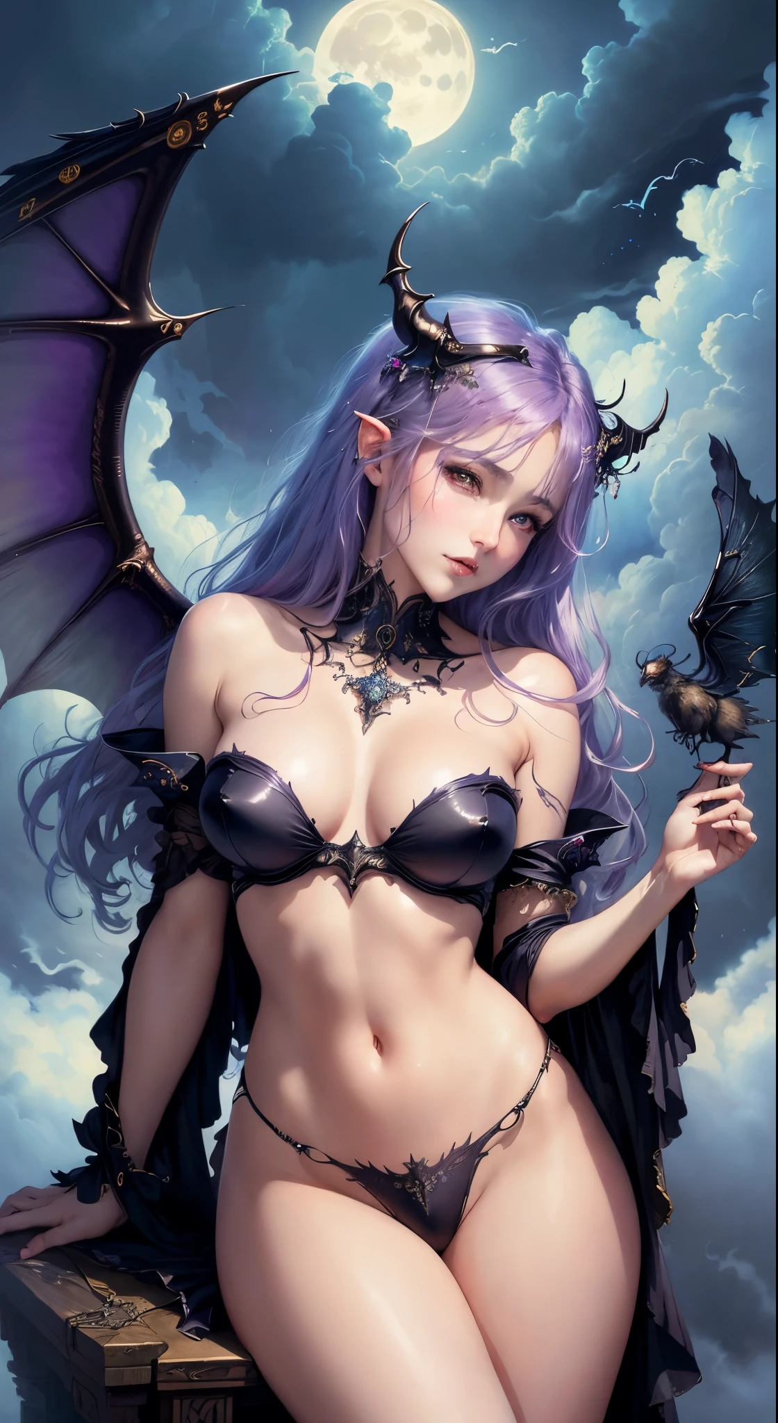 ((highest quality)), ((masterpiece)), (be familiar with), charming succubus, mysterious beauty, perched above the clouds, (fantasy illustration:1.3), captivating gaze, seductive pose, delicate wings, Otherworldly charm, mysterious sky, (Luis Royo:1.2), (Yoshitaka Amano:1.1), Moonlight night, soft colors, (be familiar with cloudscape:1.3), (High resolution:1.2)