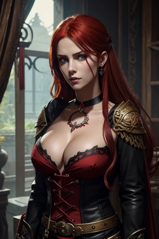 path of exile zana red hair hot clothed cleavage no tattoos black ribbon choker monocle