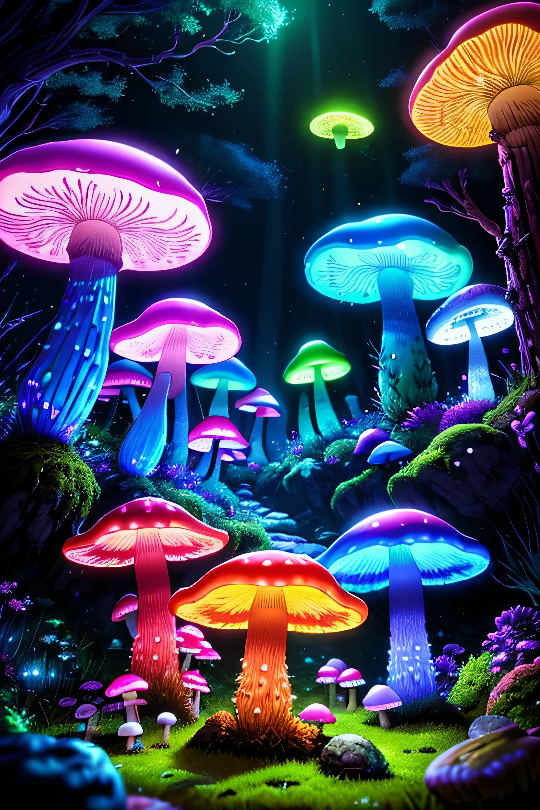 (very detailed:1.2),(highest quality:1.2),8K,sharp focus, (Scattered under the surface:1.1)、The forest road continues、 (Glowing magical bioluminescent mushrooms:1.2),psychedelic magic particles in the air, (neon bioluminescent mushroom forest at night:1.2), (magic firefly:1.2) (Very detailed trees、rocks and moss:1.2), (very detailed background:1.3), roleplaying game, Eldon Ring Style, (fantasy:1.3),(surreal:1.1), (((night))), movie lighting, very detailed, art station,Smooth, sharp focus, types of bacteria, Greg Rutkoski, edited pick, trending on art station, trending on deviantart, Knock me out, (compared:0.4),