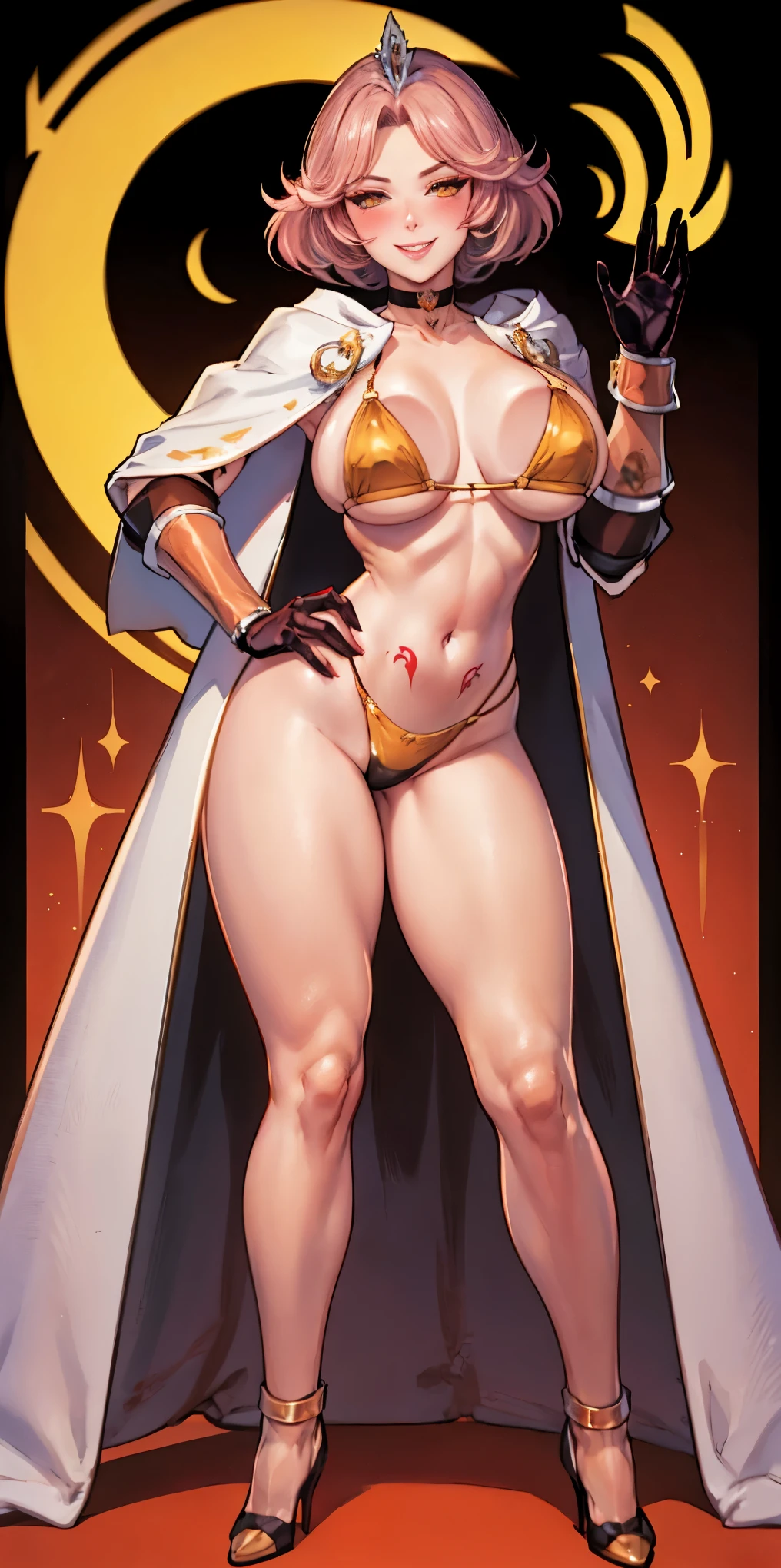 Two long thighs, yellow eyes, blonde hair, short hair, large breasts, detached sleeves, very white background, royal tiara, long cape, yellow tiger bikini, high heels, hands on hips. red tattoo on belly navel, full body female MILF BIMBO, lustful smirking smile face (red blush), metal shoulders, golden bracers sleeveless, black choker sex slave