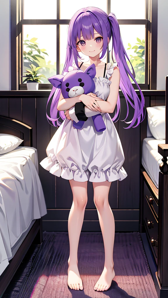 whole body,full body,Standing picture,standing position,Photographed from the front,from front,Girl holding a stuffed toy,purple hair,one piece,Room wear,cute,smile