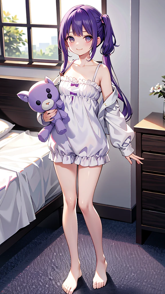 whole body,full body,Standing picture,standing position,Photographed from the front,from front,Girl holding a stuffed toy,purple hair,one piece,Room wear,cute,smile