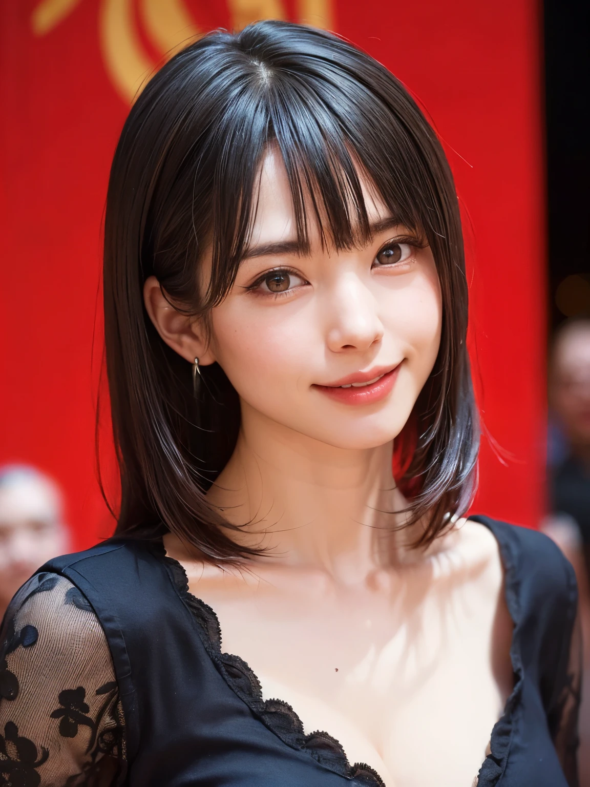 Japanese girl aged 20-25, (dessus de la table, la plus haute qualité、ultra haute résolution、mise au point du visage、focus on the sides、foyer du nombril、mise au point sur le décolleté、very attractive beauty、Add intense highlights to your eyes、regarde attentivement la caméra:1.4、Une frange absolument magnifique:1.4、Brunette cheveux courts avec une frange:1.4),1 fille, Rapport, aux cheveux noirs, Realistic, regarder le spectateur, pale black eyes, cheveux courts:1.7, lips, brillant à lips, haut du corps、gros yeux、cil、take off the ears)、((super real stick:1.4))、((cheveux courts with bangs:1.4、Belle frange avec 46 points:1.4、{huge|Grand|hugeな|mega} poitrine:2, clivage:2、gros yeux、Offrez aux étudiants des points forts très puissants、very Grandger poitrine、regarde le public、Very beautiful beauty、montre-moi tes oreilles、beau long cou、beautiful neckline、sourire、A souriree belles dents、Open your mouth and souriree))、28 ans、super cute model、anatomie parfaite、fond rouge simple:2、Slightly backlit:1.4、Portrait:1.8、Happy sourire