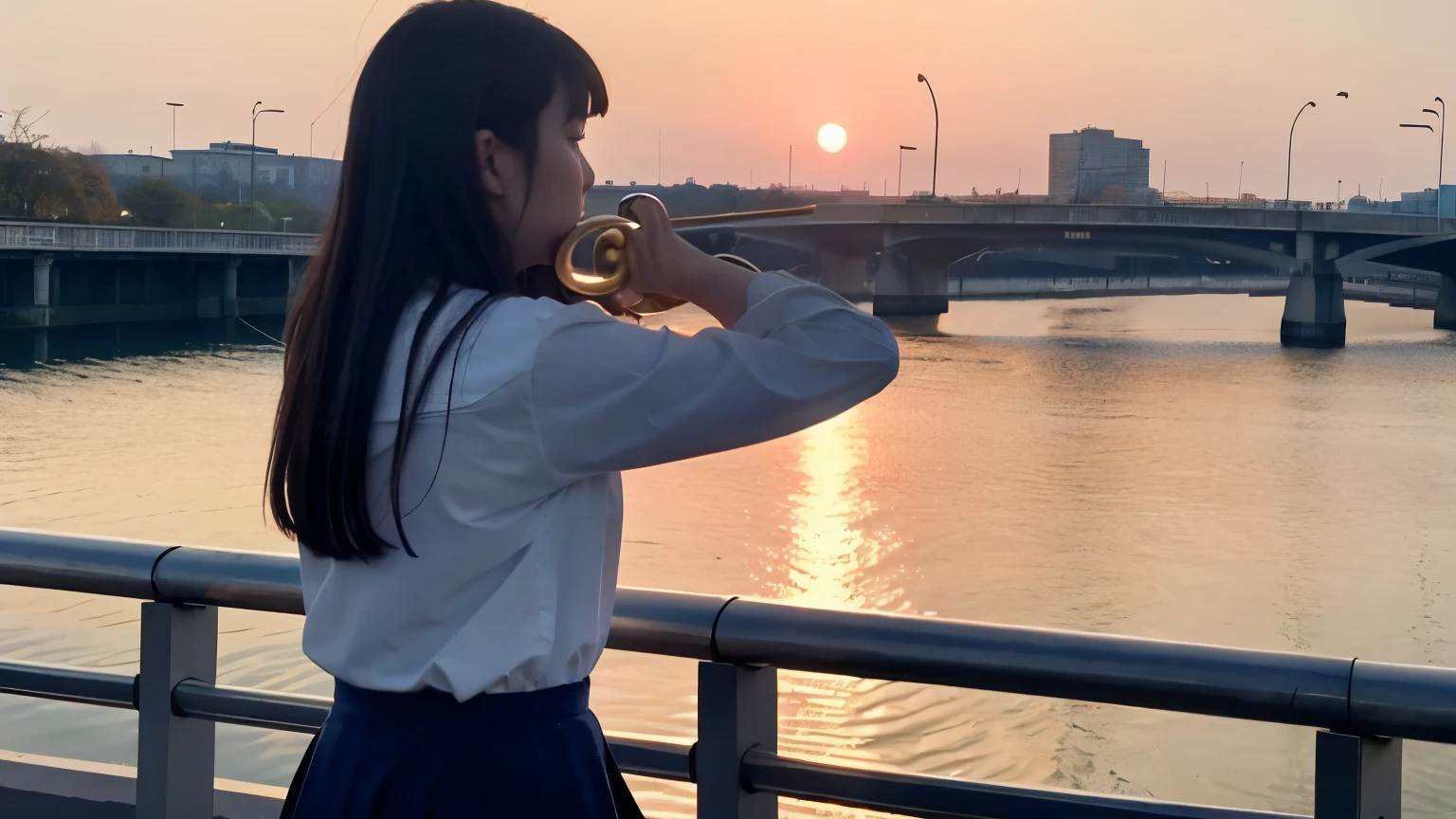 In the deep red sunset、A Japanese high school girl wearing a white blouse and navy skirt uniform is standing alone by the river practicing the trumpet.、Footage seen from a long distance at a diagonal downward angle