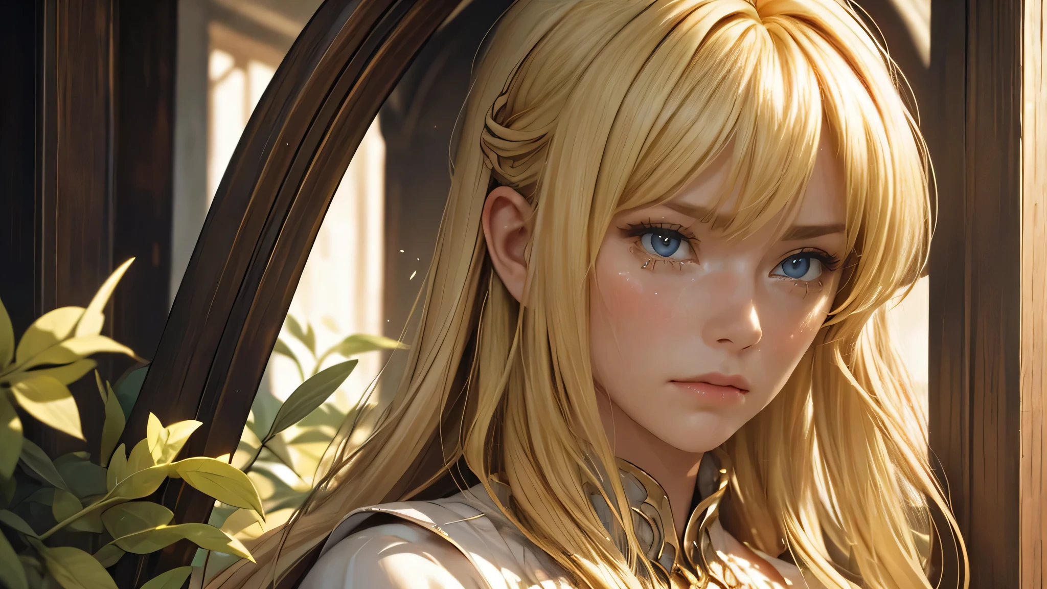 image of a blonde woman with a sad lowered gaze, standing in front of the door of the house, close up of her face and upper body, medieval fantasy theme, sad face, crying face, sad and crying