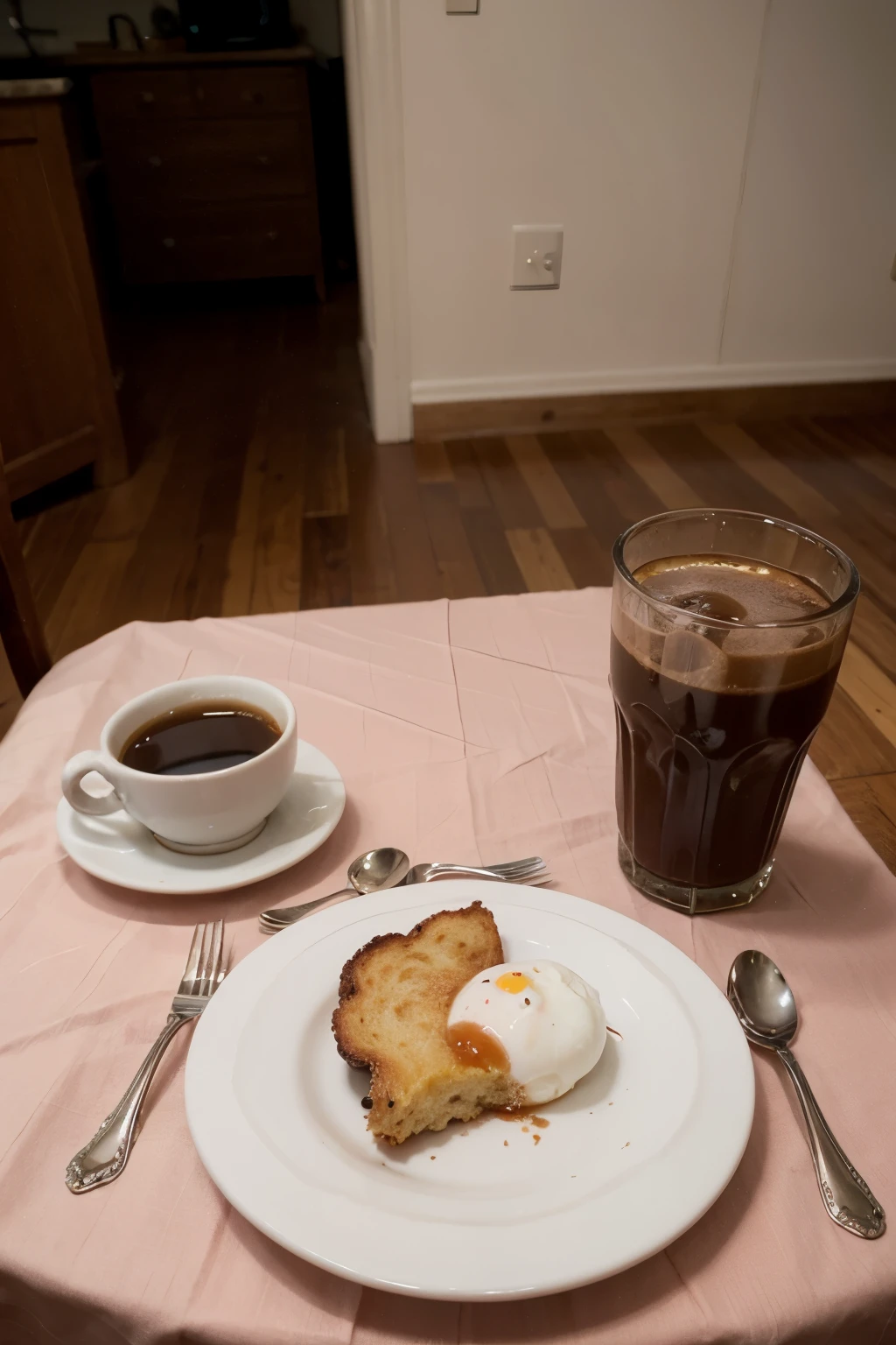 photo of a table with coffee and breakfast.Pink tablecloth.Lots of pink