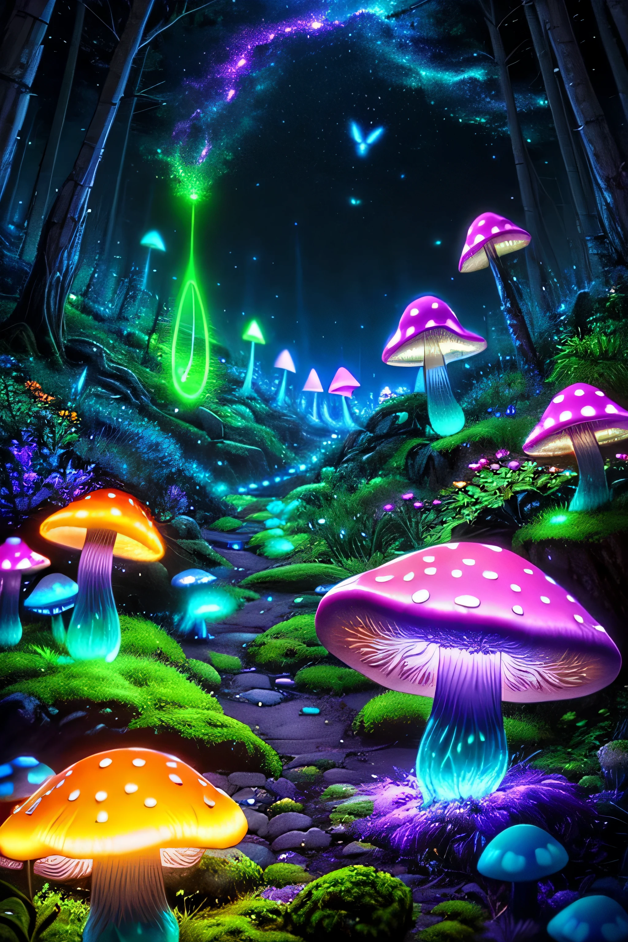 (very detailed:1.2),(highest quality:1.2),8K,sharp focus, (Scattered under the surface:1.1)、(A long forest road)、 (Glowing magical bioluminescent mushrooms:1.2),psychedelic magic particles in the air, (neon bioluminescent mushroom forest at night:1.2), (magic firefly:1.2) (Very detailed trees、rocks and moss:1.2), (very detailed background:1.3), roleplaying game, Eldon Ring Style, (fantasy:1.3),(surreal:1.1), (((night))), movie lighting, very detailed, art station,Smooth, sharp focus, types of bacteria, Greg Rutkoski, edited pick, trending on art station, trending on deviantart, Knock me out, (compared:0.4),