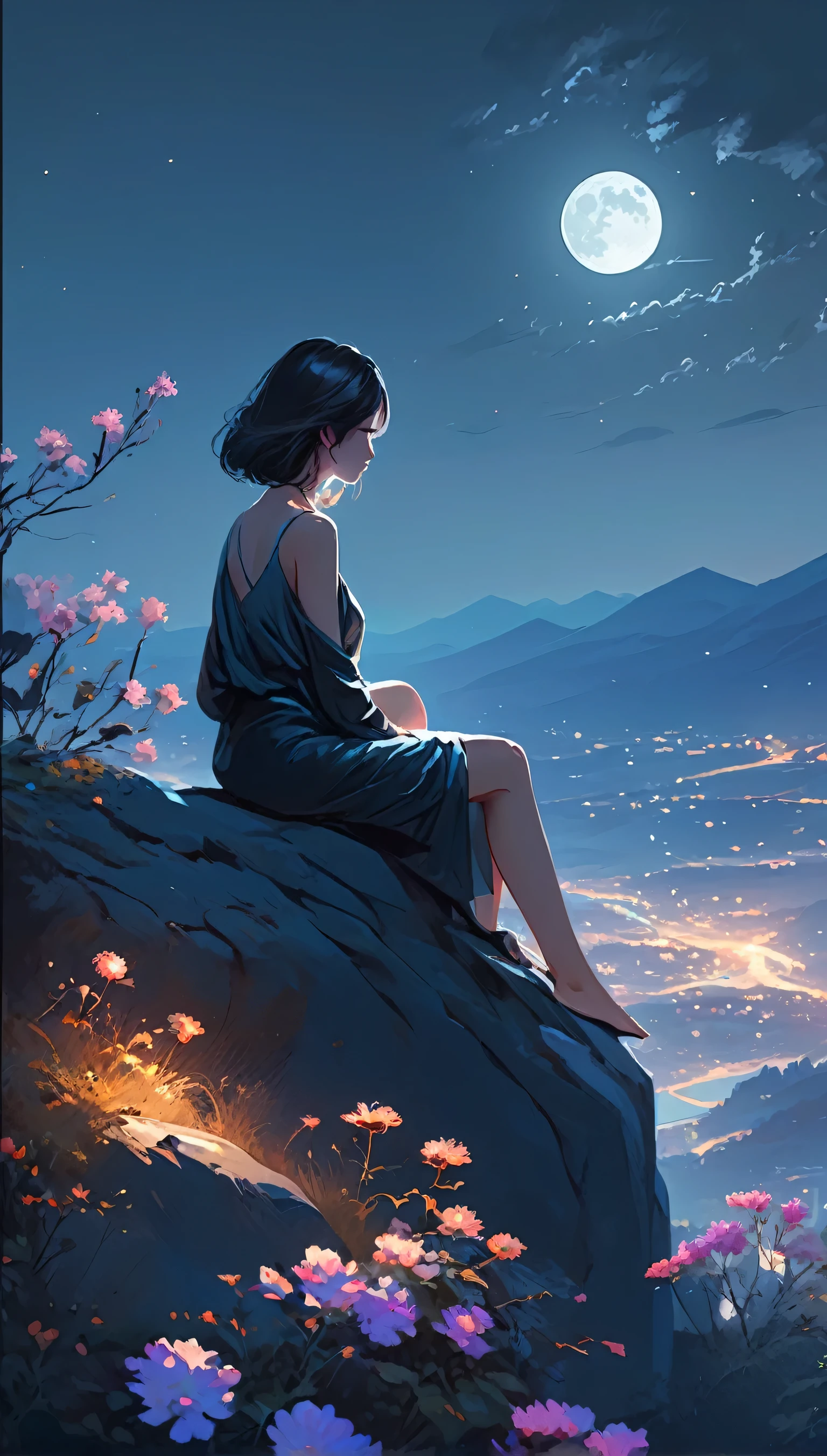 a woman sitting on top of a rock under a full moon, night sky full of flowers, dream scenery art, breathtaking digital art, ross tran. scenic background, serene illustration, makoto shinkai and tom bagshaw, breathtaking ilya kuvshinov, gorgeous digital art, gorgeous digital painting, beautiful gorgeous digital art, beautiful digital illustration, atmospheric dreamscape painting
, 4k hd,, beautiful art uhd 4 k, a beautiful artwork illustration, beautiful digital painting, highly detailed digital painting, beautiful digital artwork, detailed painting 4 k, very detailed digital painting, rich picturesque colors, gorgeous digital painting